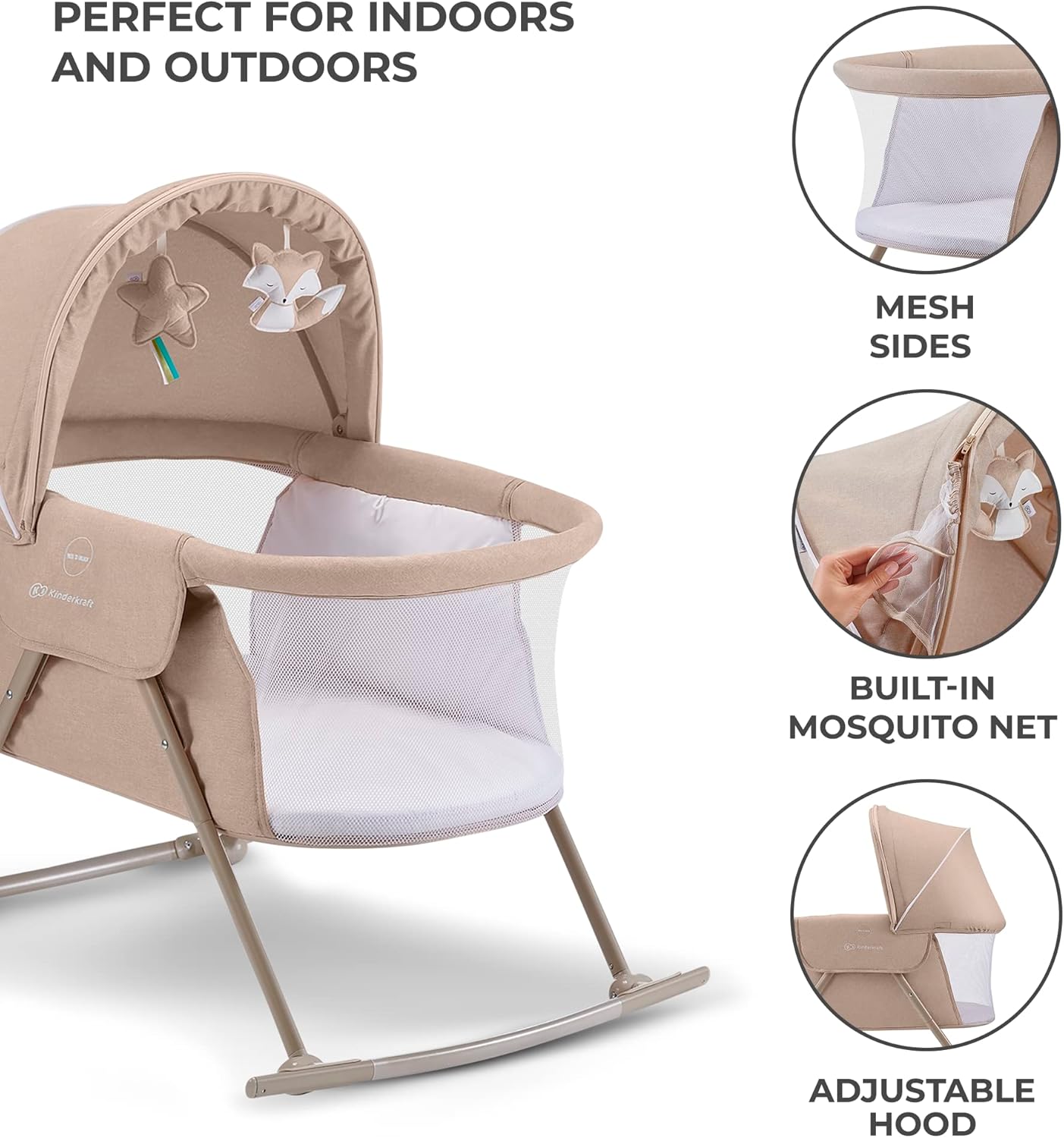 Kinderkraft LOVI Travel Bassinet for Baby, Portable Folding Baby Bed with Built-in Mosquito net, Adjustable Hood and an Additional Cradle Function, Beige - Image 6
