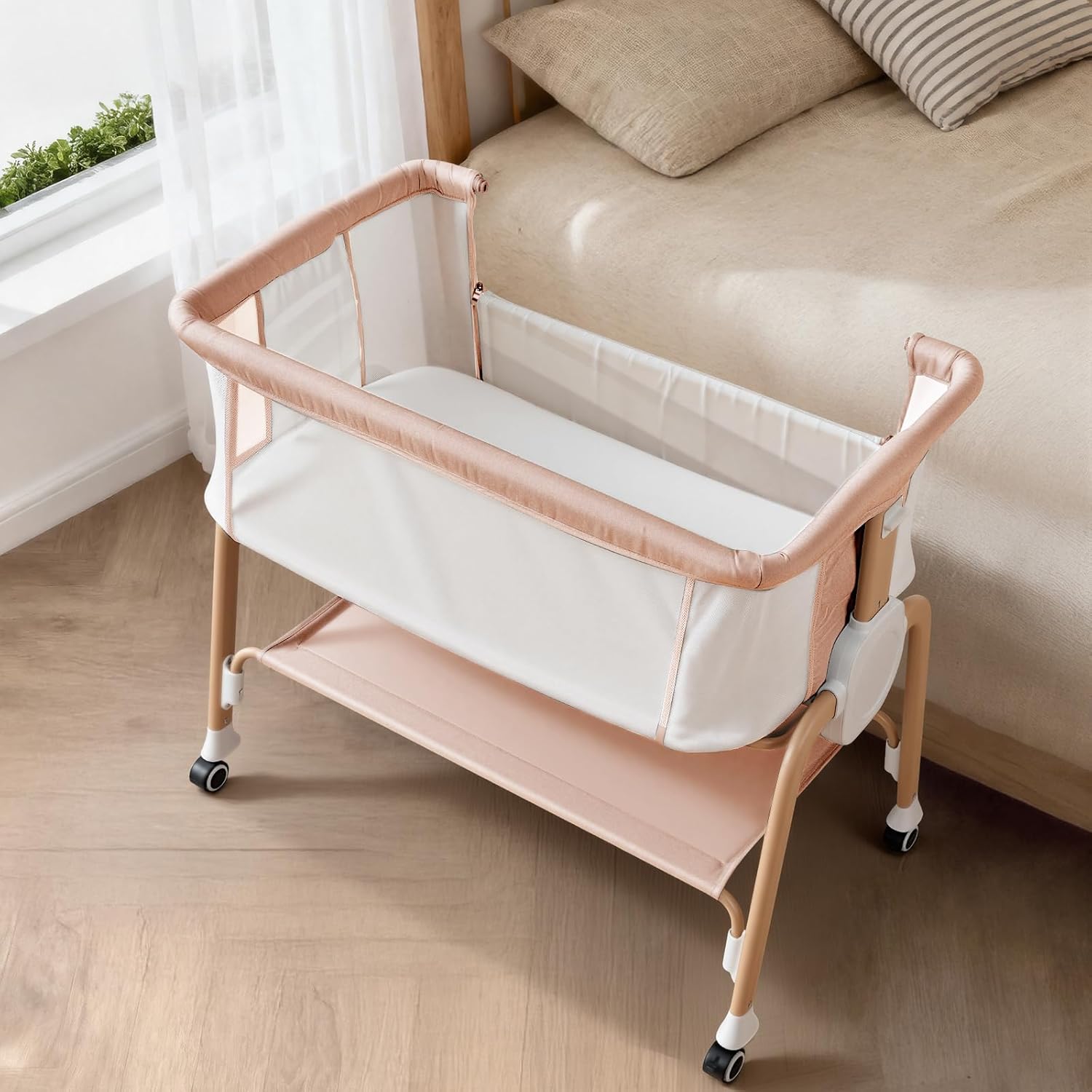 Bassinet Bedside Sleeper, Bedside Bassinet for Newborn, Baby Bassinet with 5 Adjustable Height, Rocking Bassinet with Wheels, Breathable Mesh &Mattress, Easy Folding Portable Bedside Crib,Light Yellow