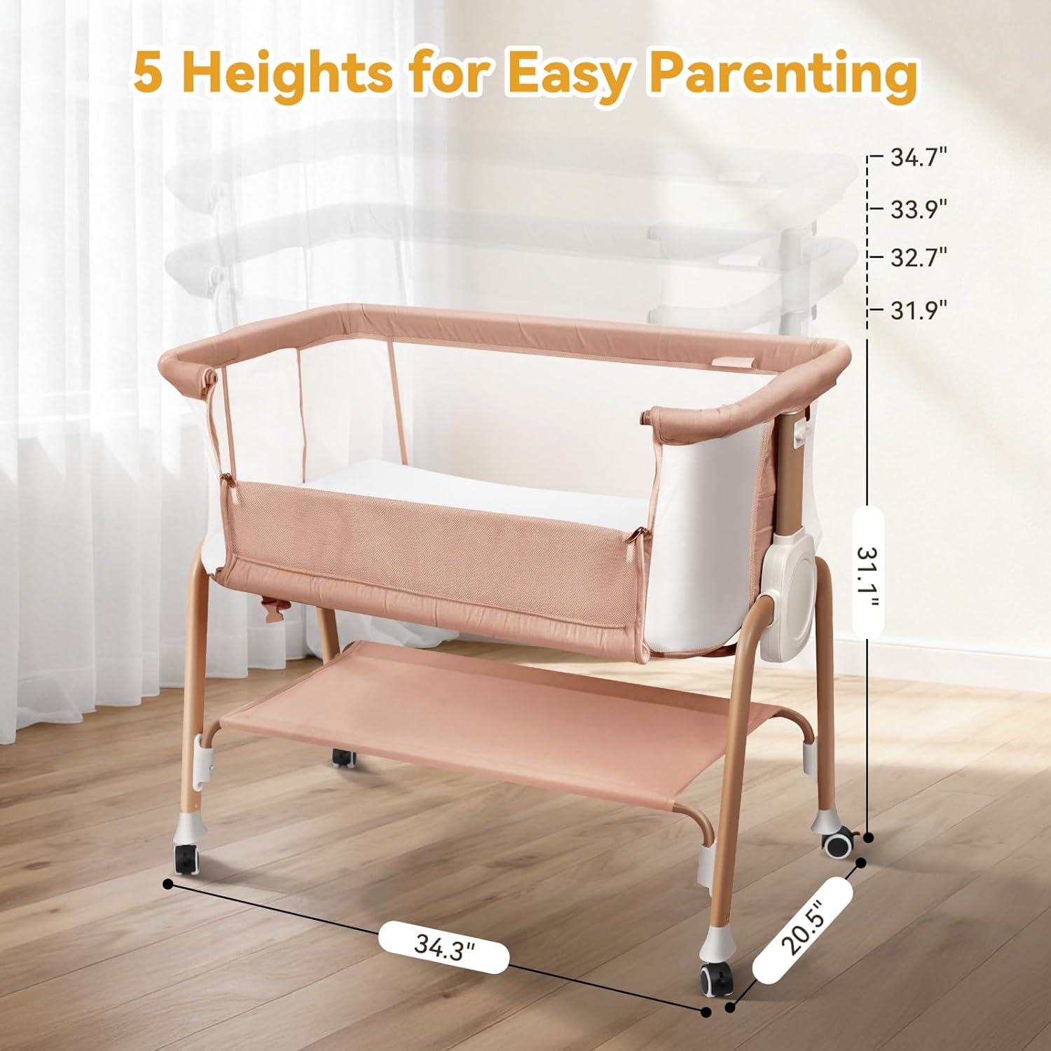 Alternative view of Bassinet Bedside Sleeper, Bedside Bassinet for Newborn, Baby Bassinet with 5 Adjustable Height, Rocking Bassinet with Wheels, Breathable Mesh &Mattress, Easy Folding Portable Bedside Crib,Light Yellow