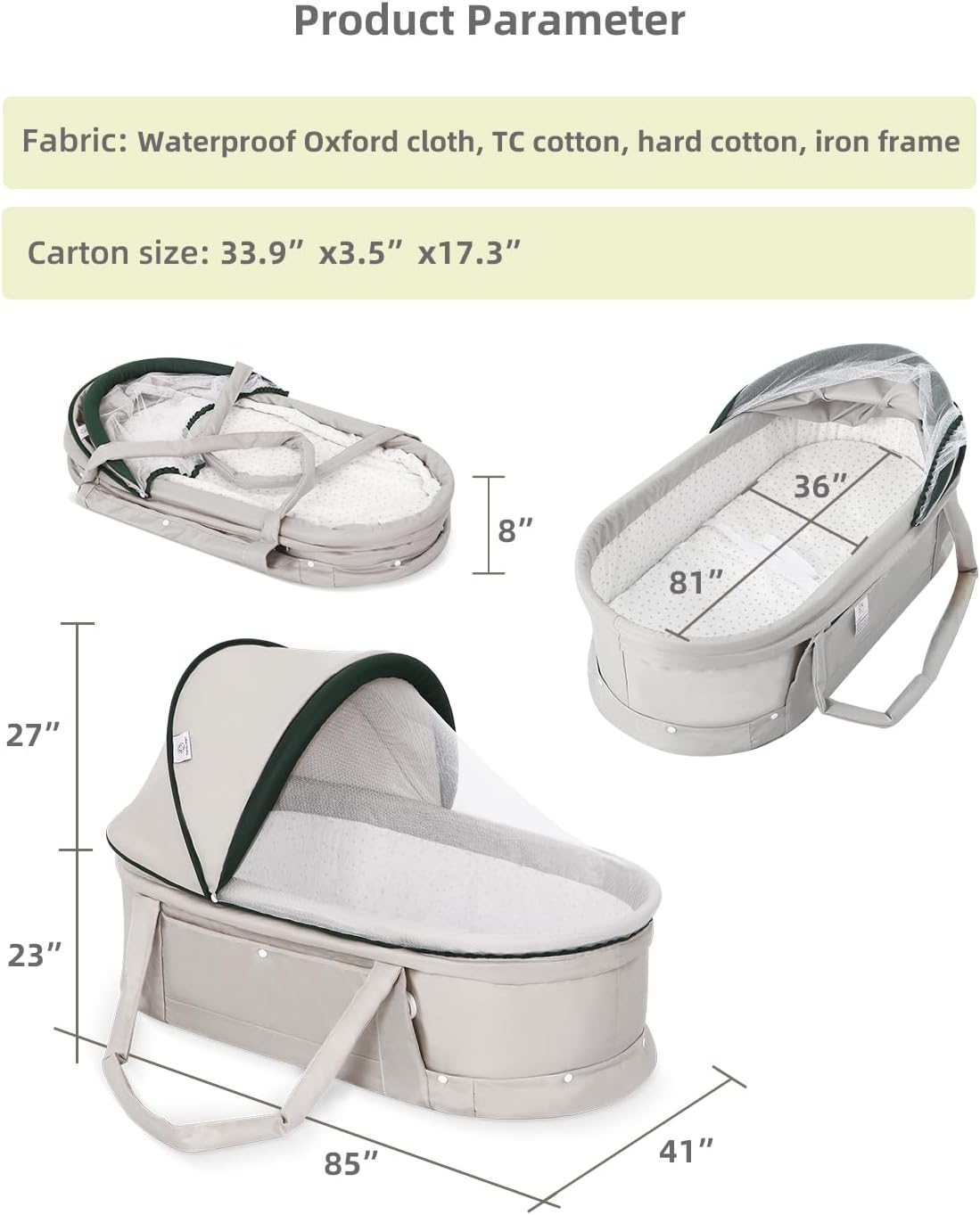 Alternative view of Kiss My Heart Baby Travel Bassinet Portable Bassinet with 2 in 1 Canopy for Newborn - Light Grey