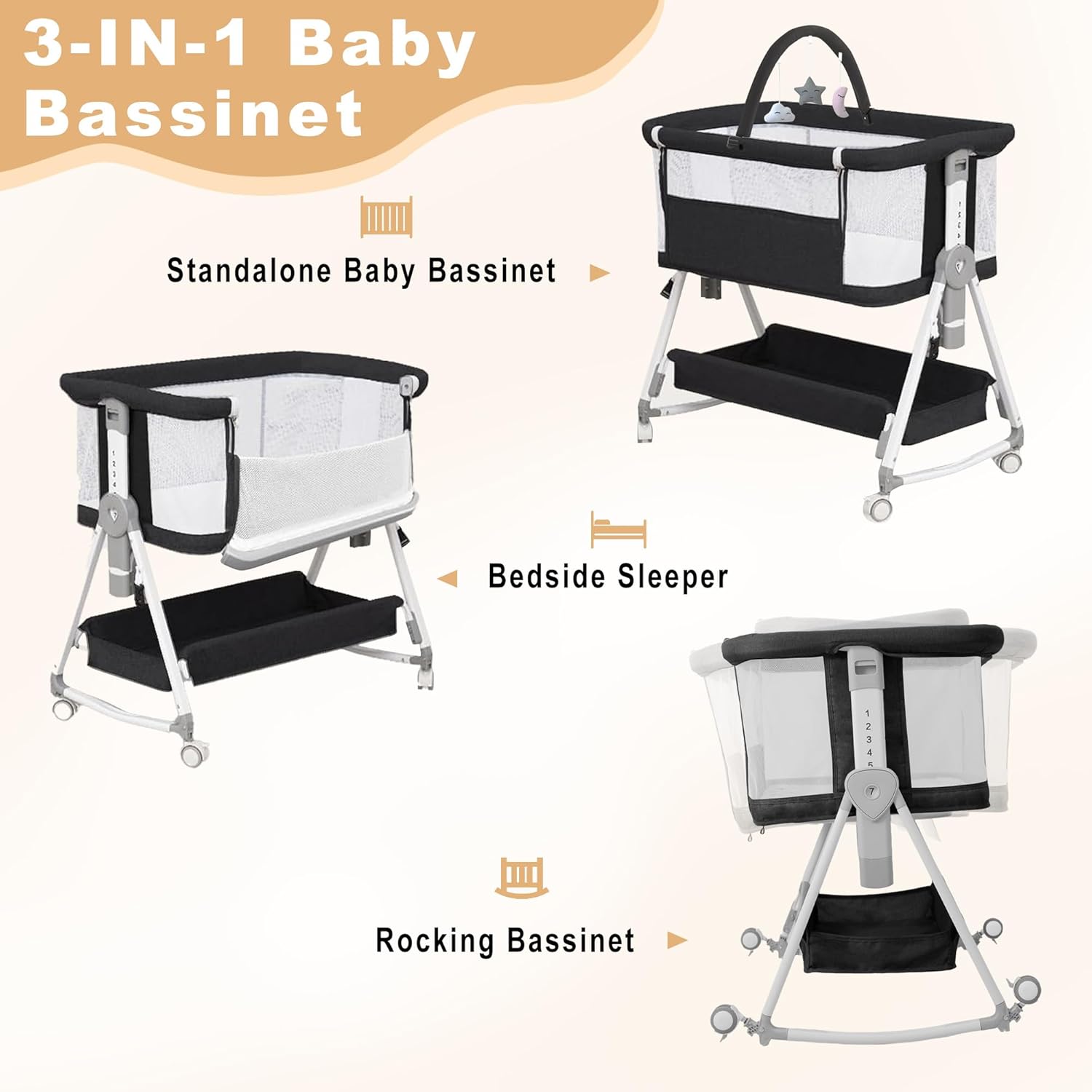 Alternative view of Baby Bassinet,3 in 1 Bedside Bassinet for Baby with Hanging Toys, Portable Foldable Bassinets Bedside Sleeper,4-Sided Mesh Bedside Crib with Wheels and Storage Basket,6 Height Adjustable (Black)