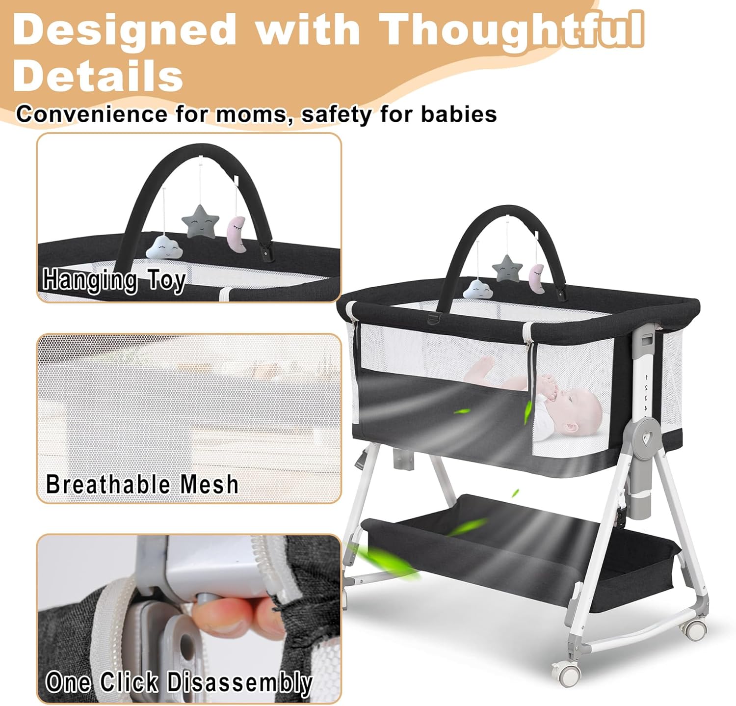 Baby Bassinet,3 in 1 Bedside Bassinet for Baby with Hanging Toys, Portable Foldable Bassinets Bedside Sleeper,4-Sided Mesh Bedside Crib with Wheels and Storage Basket,6 Height Adjustable (Black) - Image 3