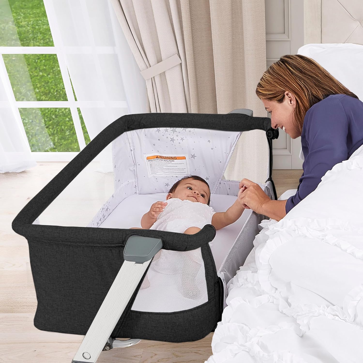 Evolur Stellar Bassinet & Bedside Sleeper u2013 Adjustable Height Bedside Crib for Newborns, Breathable Mesh Sides, Portable Co-Sleeper, Easy To Fold and Travel, Carry Bag Included