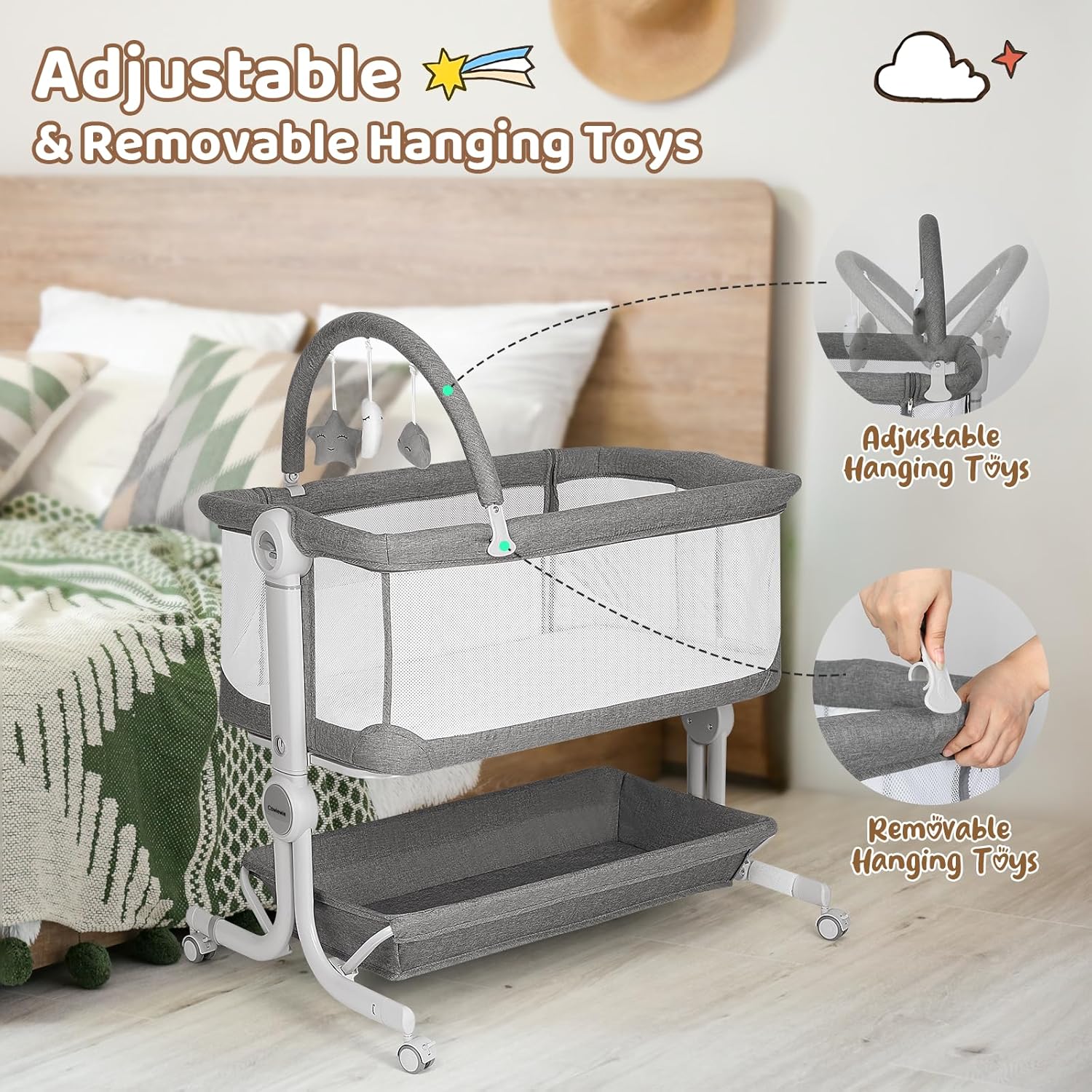 Cowiewie Baby Bassinet 2-1 Beside Sleeper with Wheels for Baby Foldable Adjustable Height Portable Bassinets (Grey)