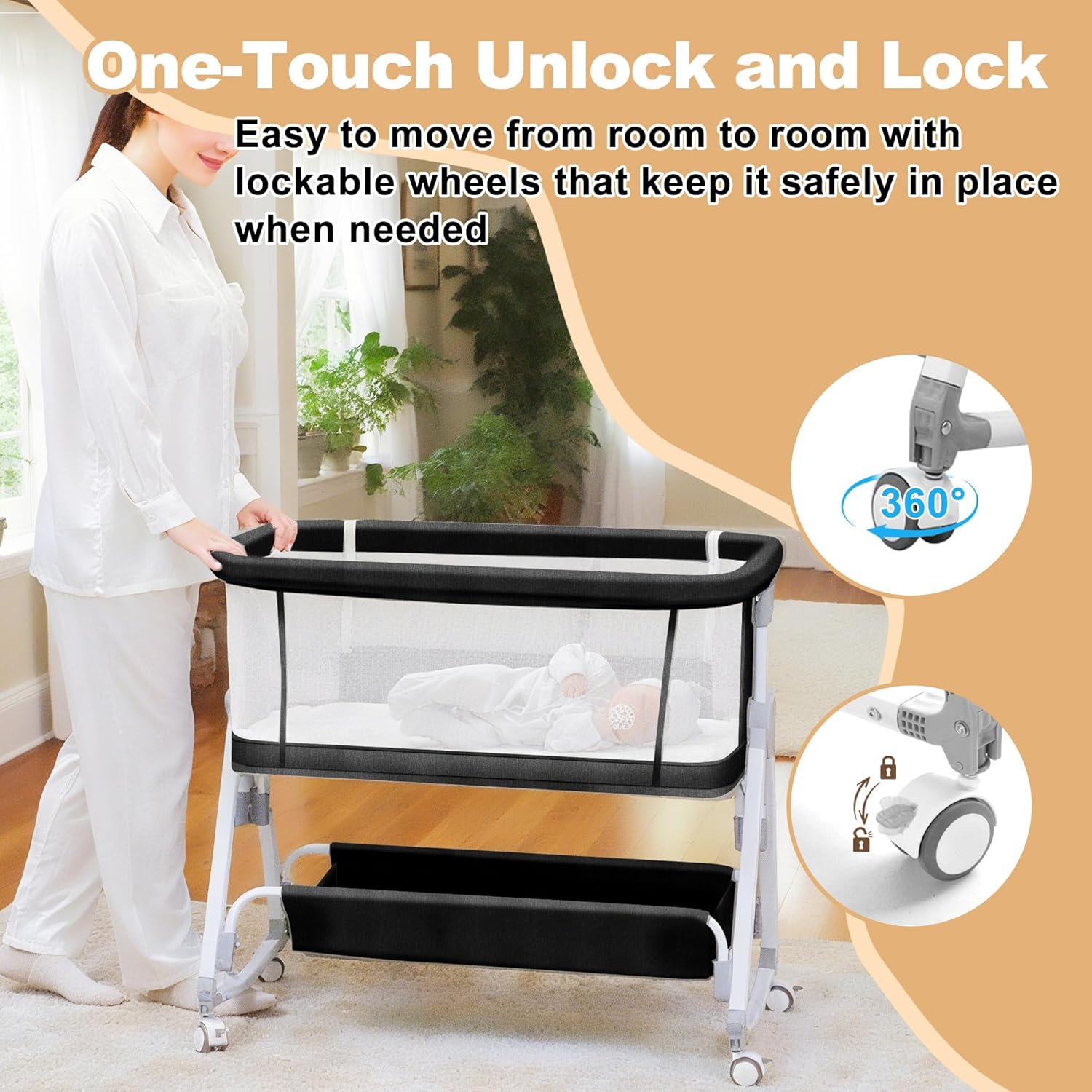 Baby Bassinet,3 in 1 Bedside Bassinet for Baby with Hanging Toys, Portable Foldable Bassinets Bedside Sleeper,4-Sided Mesh Bedside Crib with Wheels and Storage Basket,6 Height Adjustable (Black) - Image 4