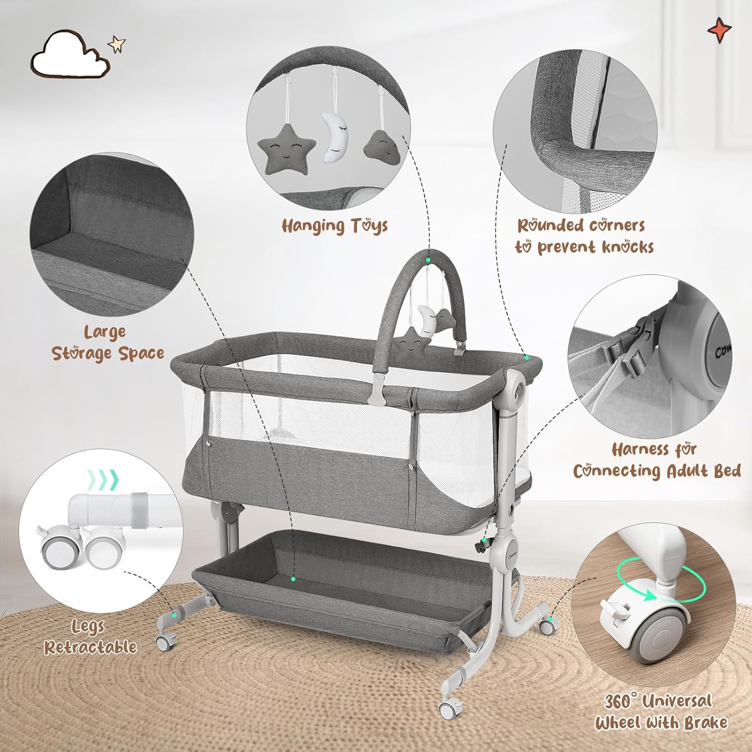 Alternative view of Cowiewie Baby Bassinet 2-1 Beside Sleeper with Wheels for Baby Foldable Adjustable Height Portable Bassinets (Grey)