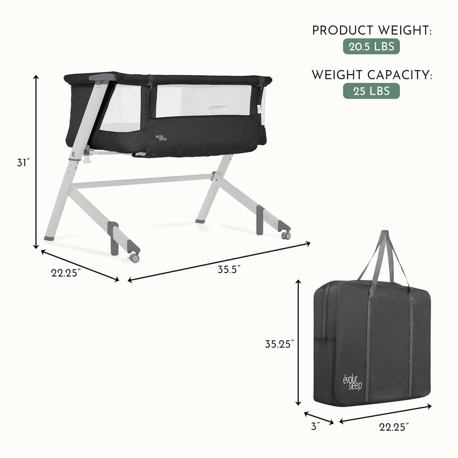 Alternative view of Evolur Stellar Bassinet & Bedside Sleeper u2013 Adjustable Height Bedside Crib for Newborns, Breathable Mesh Sides, Portable Co-Sleeper, Easy To Fold and Travel, Carry Bag Included