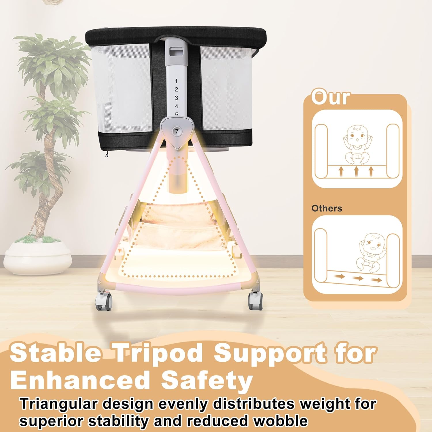 Baby Bassinet,3 in 1 Bedside Bassinet for Baby with Hanging Toys, Portable Foldable Bassinets Bedside Sleeper,4-Sided Mesh Bedside Crib with Wheels and Storage Basket,6 Height Adjustable (Black) - Image 6