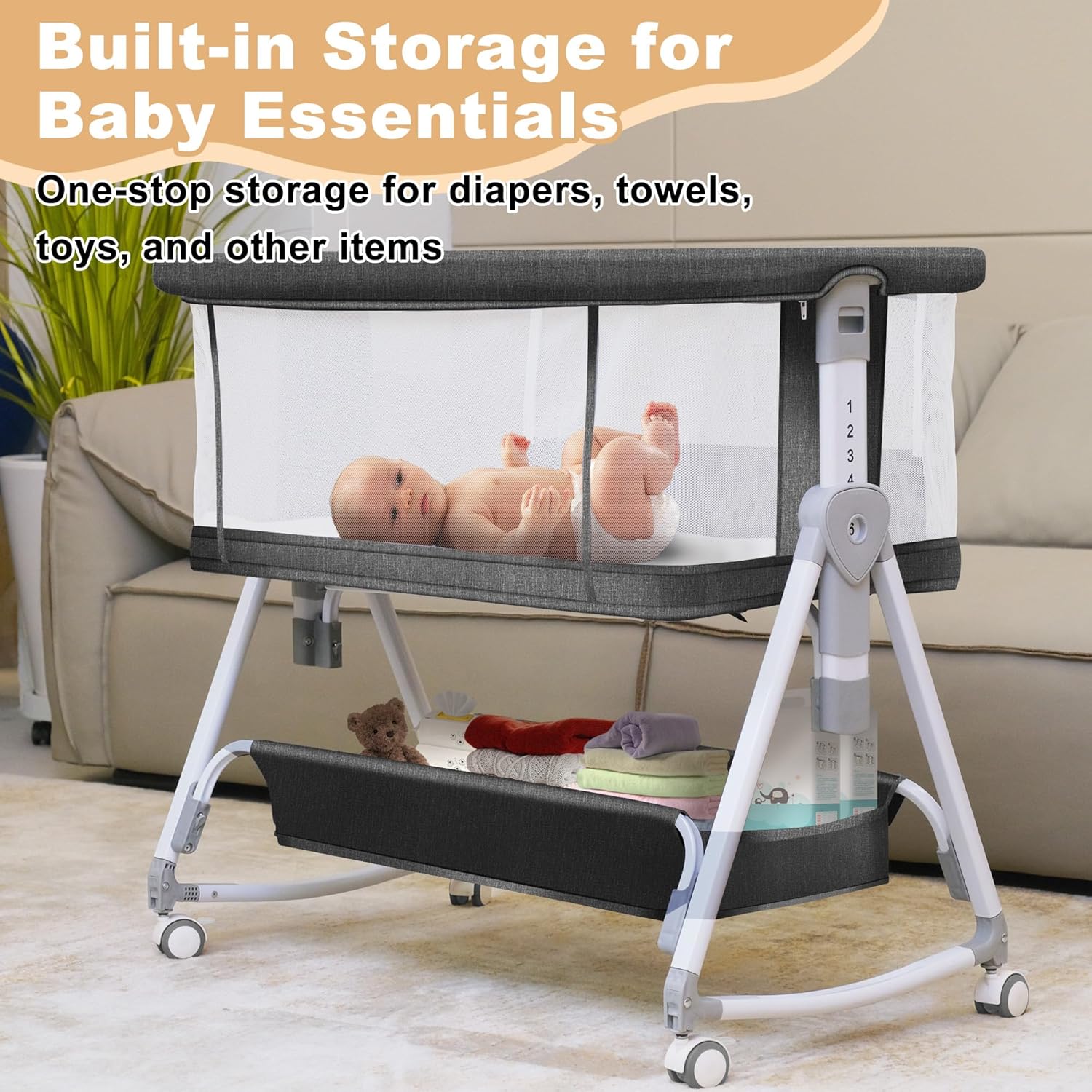 Baby Bassinet,3 in 1 Bedside Bassinet for Baby with Hanging Toys, Portable Foldable Bassinets Bedside Sleeper,4-Sided Mesh Bedside Crib with Wheels and Storage Basket,6 Height Adjustable (Black) - Image 7