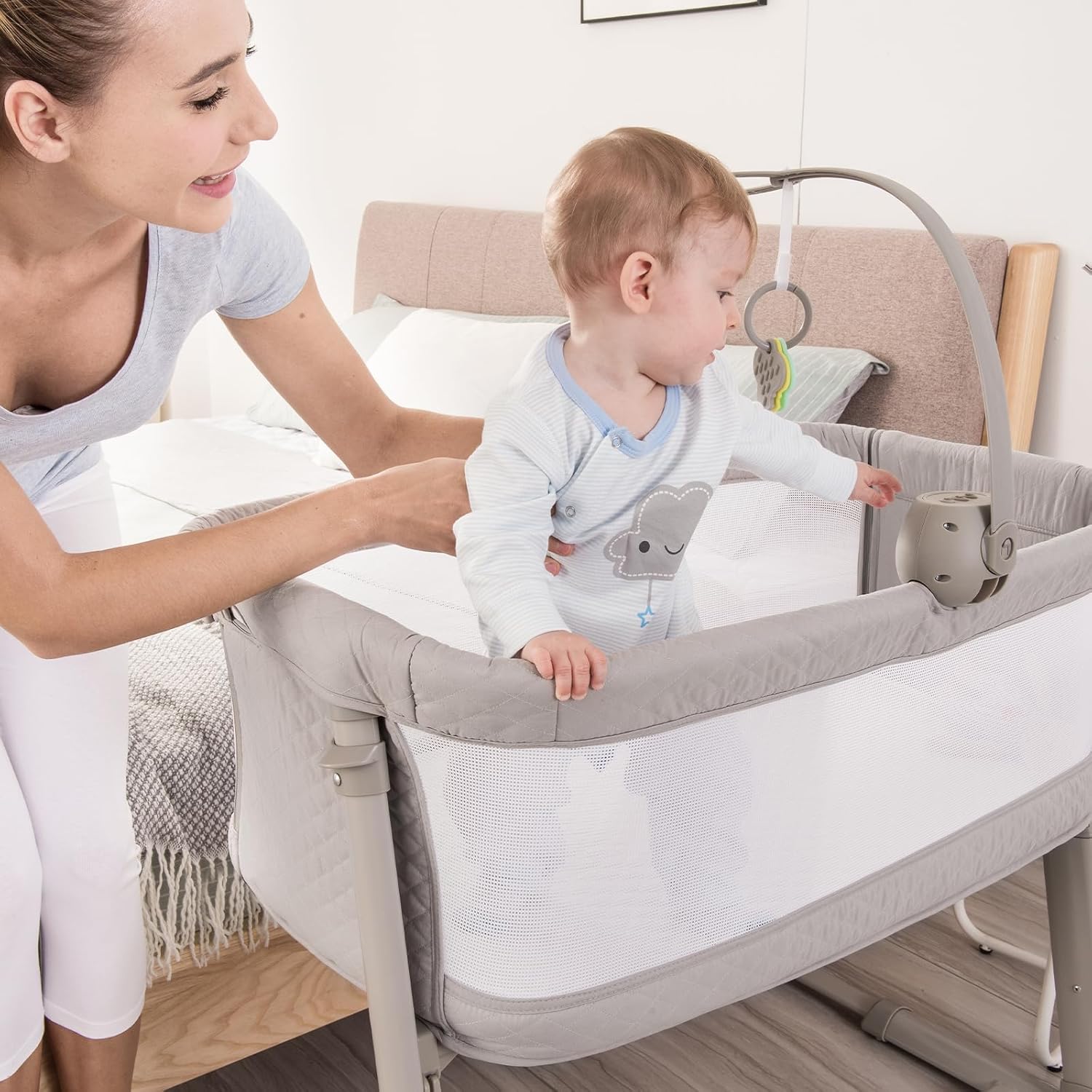 Alternative view of RONBEI Baby Bassinet, Bedside Sleeper Breathable Mesh Bedside Crib Bassinets, Adjustable Height Bassinet Bed for Baby/Newborn/Infants