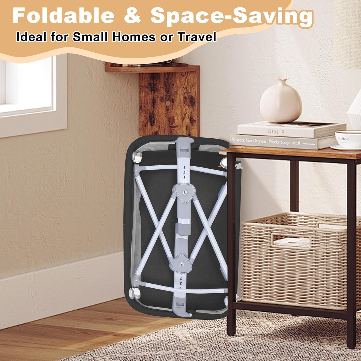 Baby Bassinet,3 in 1 Bedside Bassinet for Baby with Hanging Toys, Portable Foldable Bassinets Bedside Sleeper,4-Sided Mesh Bedside Crib with Wheels and Storage Basket,6 Height Adjustable (Black) - Image 8