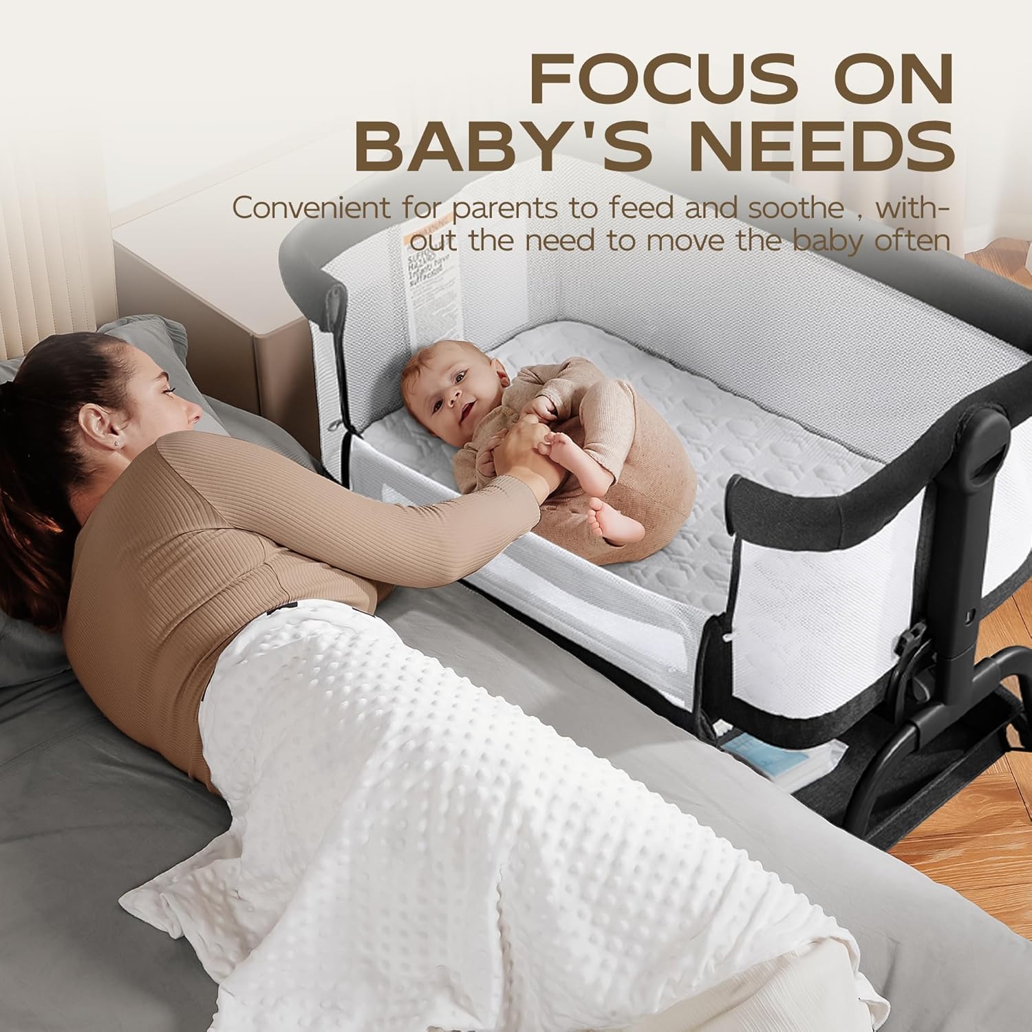 BabyBond Baby Bassinet, 3 in 1 Bassinet Bedside Sleeper with Washable Soft Mattress and Sheet, 6 Height Adjustable Bedside Crib, 4-Sided Mesh Bedside Bassinet for Baby