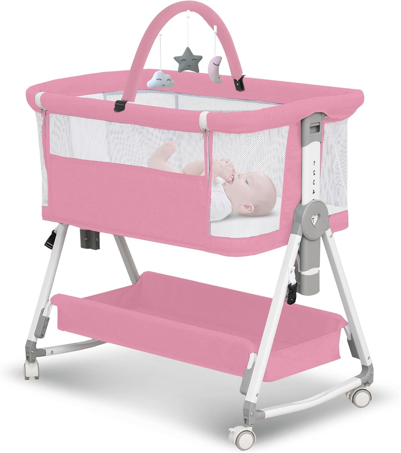 Baby Bassinet,3 in 1 Bedside Bassinet for Baby with Hanging Toys, Portable Foldable Bassinets Bedside Sleeper,4-Sided Mesh Bedside Crib with Wheels and Storage Basket,6 Height Adjustable (Black) - Image 9