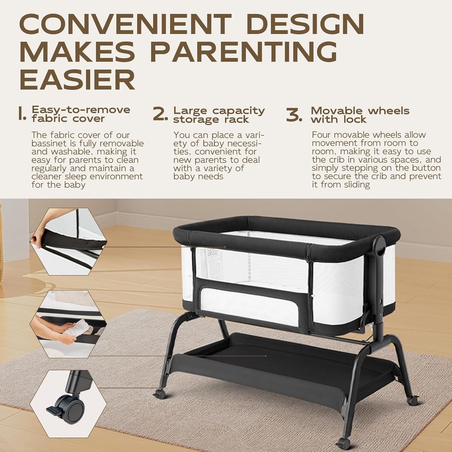 Alternative view of BabyBond Baby Bassinet, 3 in 1 Bassinet Bedside Sleeper with Washable Soft Mattress and Sheet, 6 Height Adjustable Bedside Crib, 4-Sided Mesh Bedside Bassinet for Baby