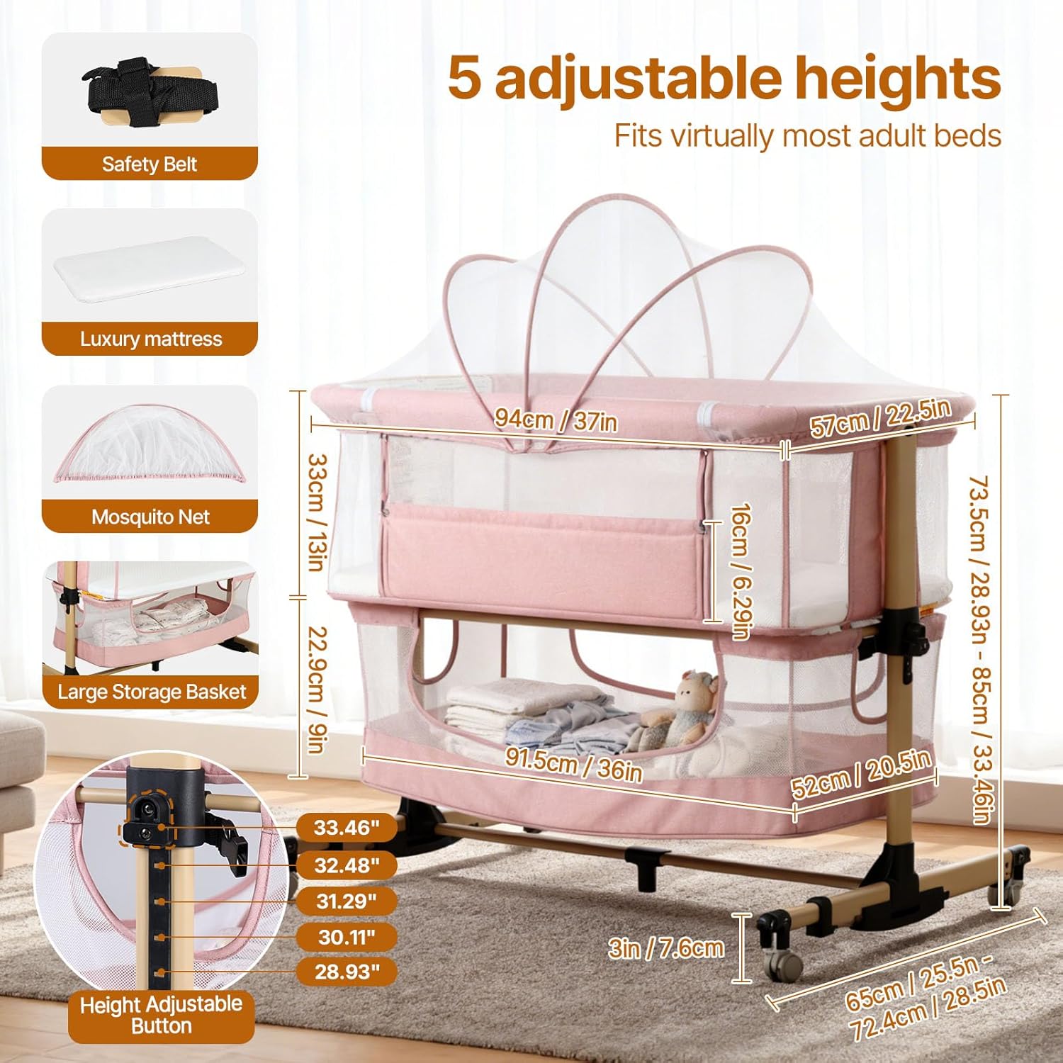 Alternative view of Baby Bassinet Bedside Sleeper, 3-in-1 Bedside Bassinet, 5 Height Adjustable Rocking Baby Crib, Breathable Full Mesh, Mosquito Net, Storage Basket, Stable and Secure Bassinets for Newborn (Pink)