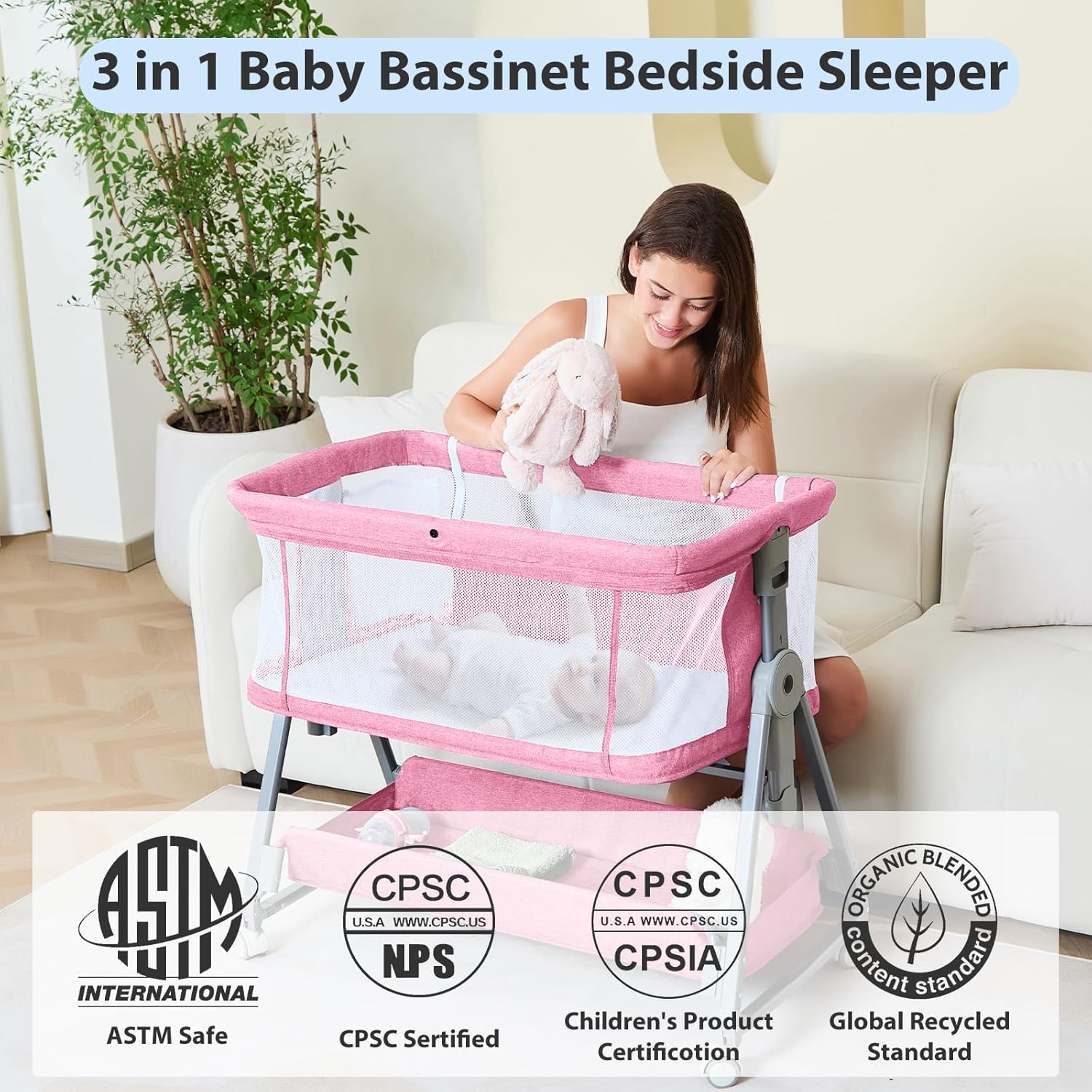 3-in-1 Baby Bassinet Bedside Sleeper with Wheels Bedside Bassinet for Newborn and Infant with Mattress and Storage Basket | Adjustable Height & Angle (13.5-18") | ASTM/CPSIA Certified (Pink)