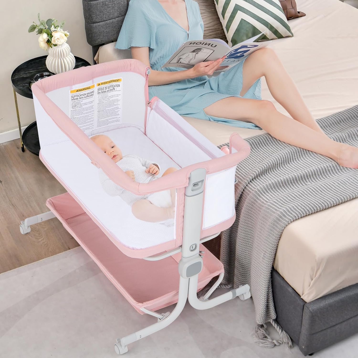INFANS 3 in 1 Baby Bassinet, Bedside Sleeper with Comfy Mattress, Wheels, 6 Height Adjustable, Storage Basket, Travel Bag, Portable All Mesh Crib for Newborn Infant (Pink)