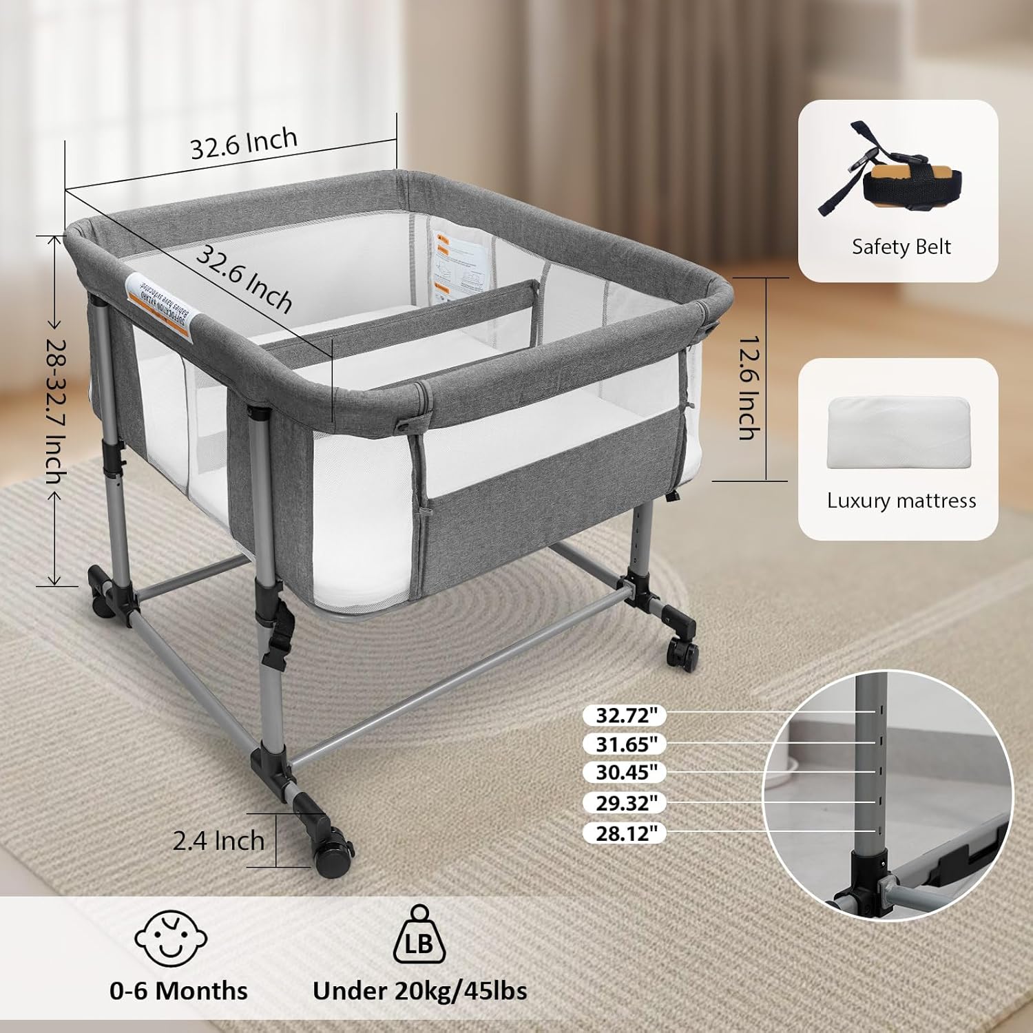 Cheermomo Twin Bassinet for 2 Babies, Double Bassinet for Twins, Baby Bassinet with Wheels, Full-Mesh Sides, 5-Height Adjustable, Portable and Stable Baby Crib for Newborns (Basic Grey)