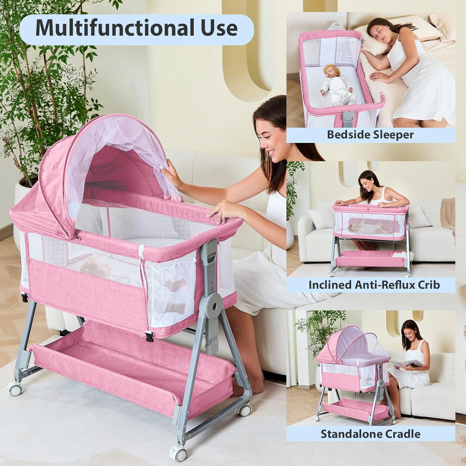 Alternative view of 3-in-1 Baby Bassinet Bedside Sleeper with Wheels Bedside Bassinet for Newborn and Infant with Mattress and Storage Basket | Adjustable Height & Angle (13.5-18") | ASTM/CPSIA Certified (Pink)