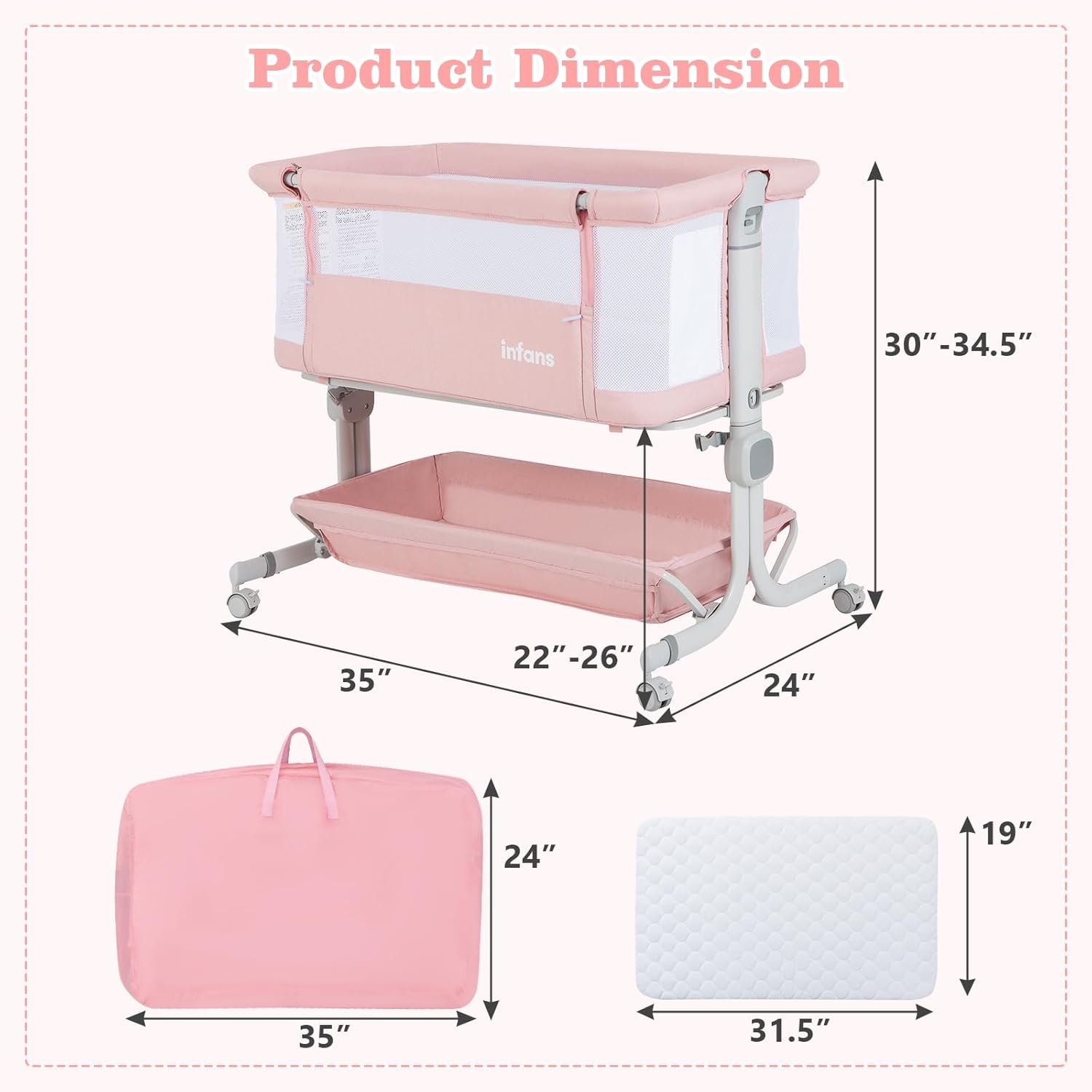 Alternative view of INFANS 3 in 1 Baby Bassinet, Bedside Sleeper with Comfy Mattress, Wheels, 6 Height Adjustable, Storage Basket, Travel Bag, Portable All Mesh Crib for Newborn Infant (Pink)