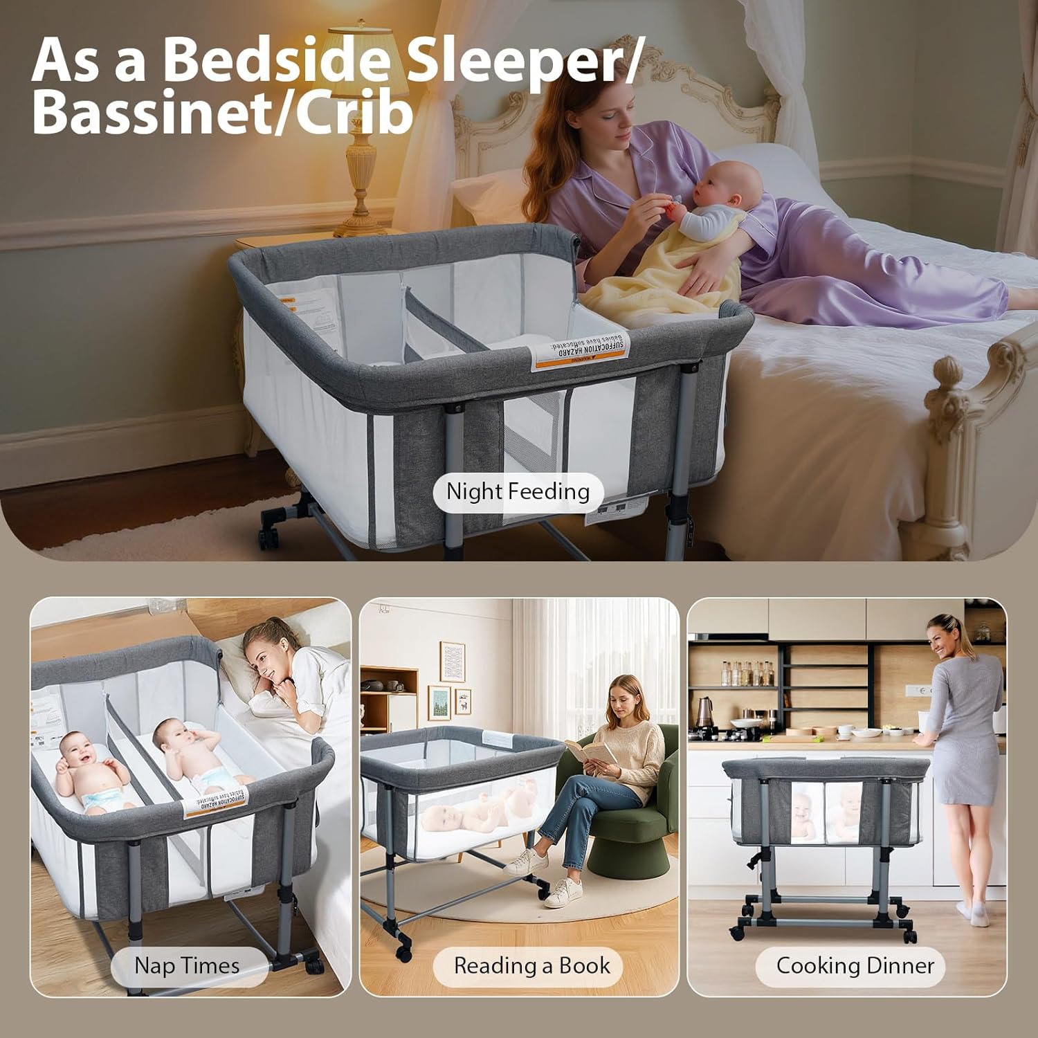 Alternative view of Cheermomo Twin Bassinet for 2 Babies, Double Bassinet for Twins, Baby Bassinet with Wheels, Full-Mesh Sides, 5-Height Adjustable, Portable and Stable Baby Crib for Newborns (Basic Grey)