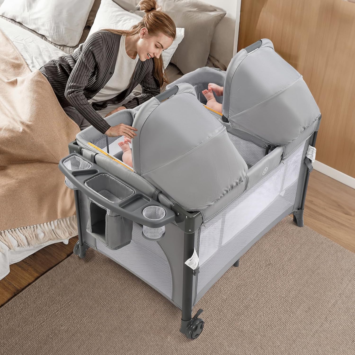 JOYMOR Twin Bassinet for Baby, Bedside Bassinet, Convertible to Bedside Sleeper and Playpen, with Wheel, Brake, Foldable Side Sleeper, Gray