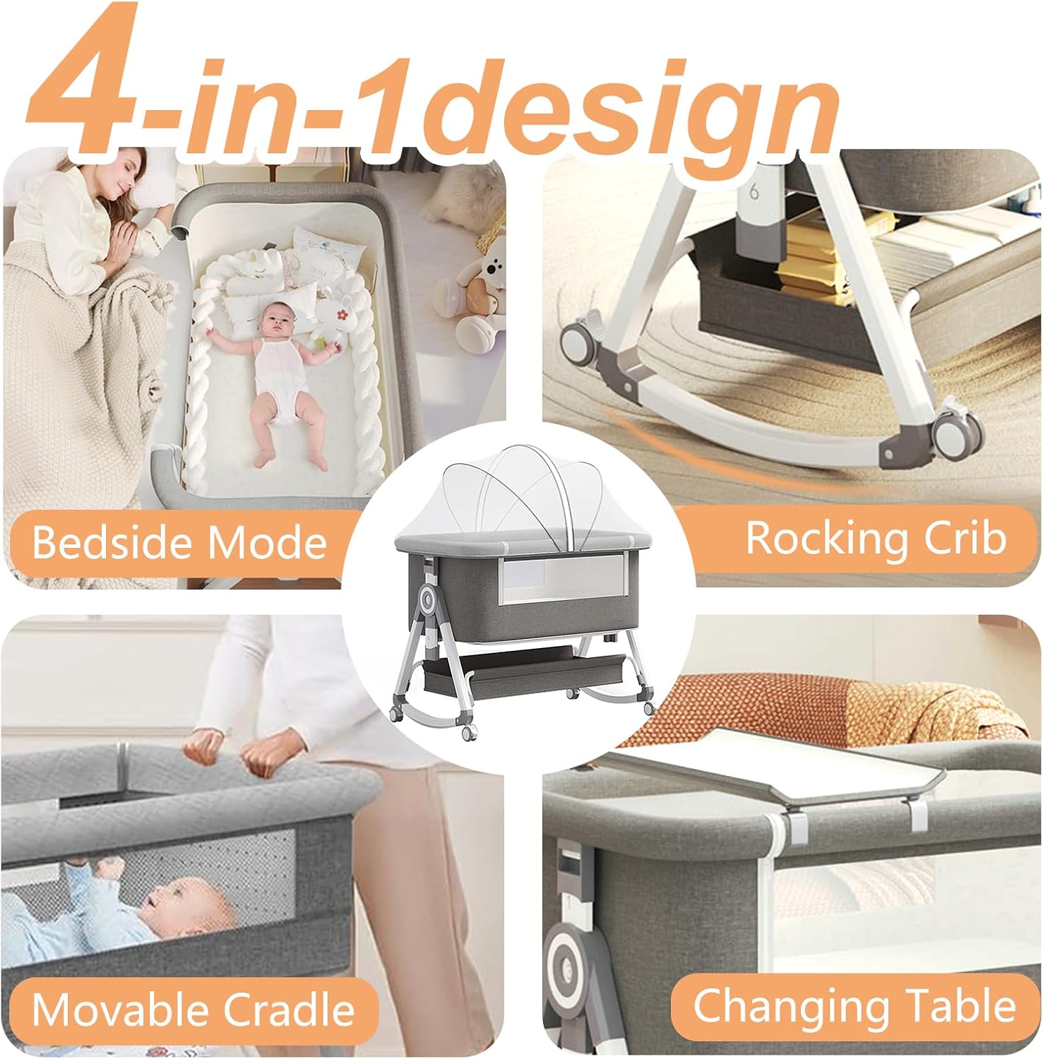 Alternative view of 4 in 1 Baby Bassinet, Rocking Bassinets Bedside Sleeper with Comfy Mattress and Wheels, 6 Height Adjustable Easy Folding Portable Bedside Crib for Newborn Infant