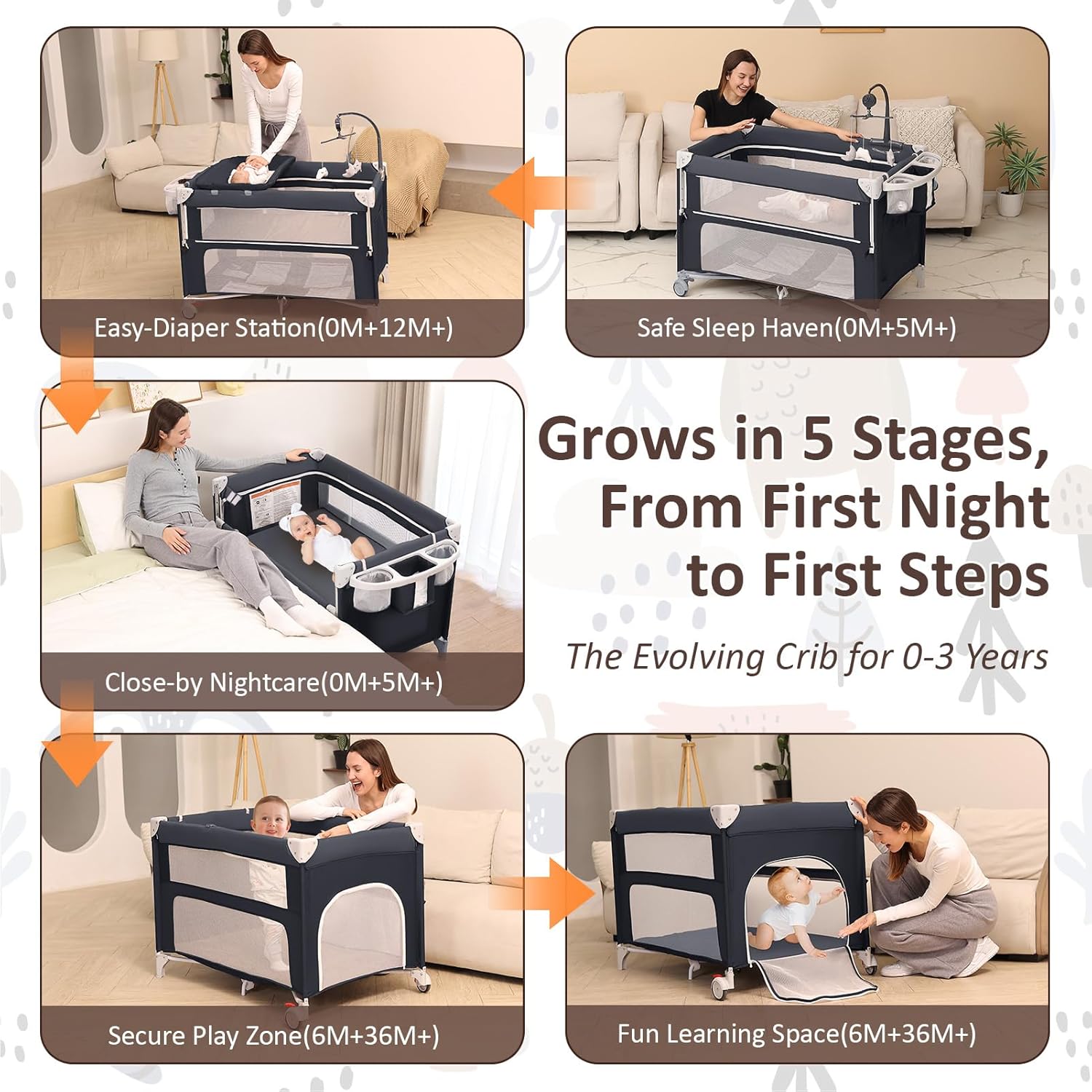 Alternative view of 5-in-1 Pack and Play, Foldable Baby Bassinet Bedside Sleeper,One-Push Bedside Crib with Playard, Includes Mattress, Changing Table, Mosquito Net, Music Toy & Storage for Newborn to Toddler (Dark Grey)