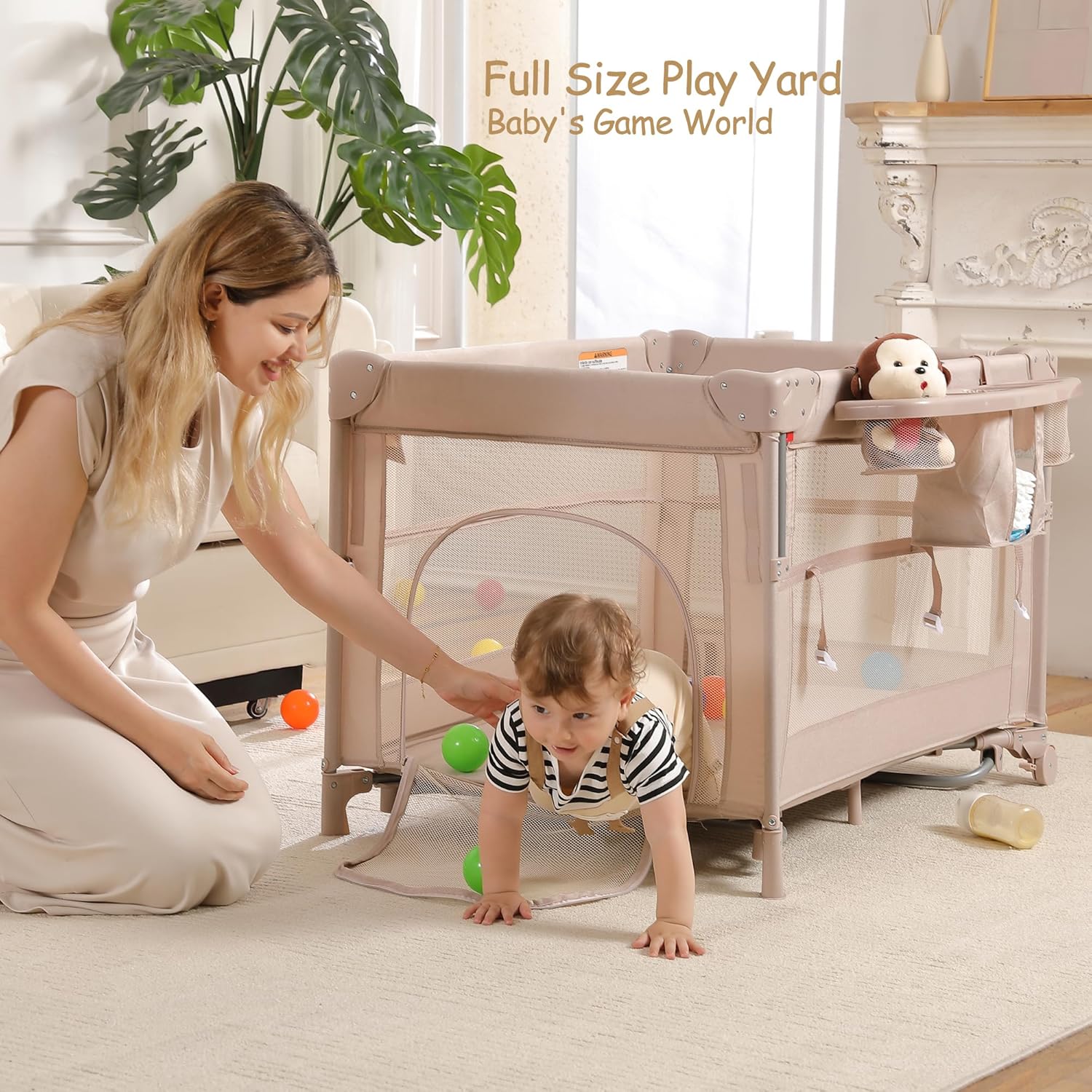 Alternative view of 5 in 1 Pack and Play, Portable Travel Baby Bassinet, Foldable Travel Playard Playpen for Toddler, Bedside Crib Sleeper, Diaper Changer Table, Baby Playard for Newborn (Champagne)