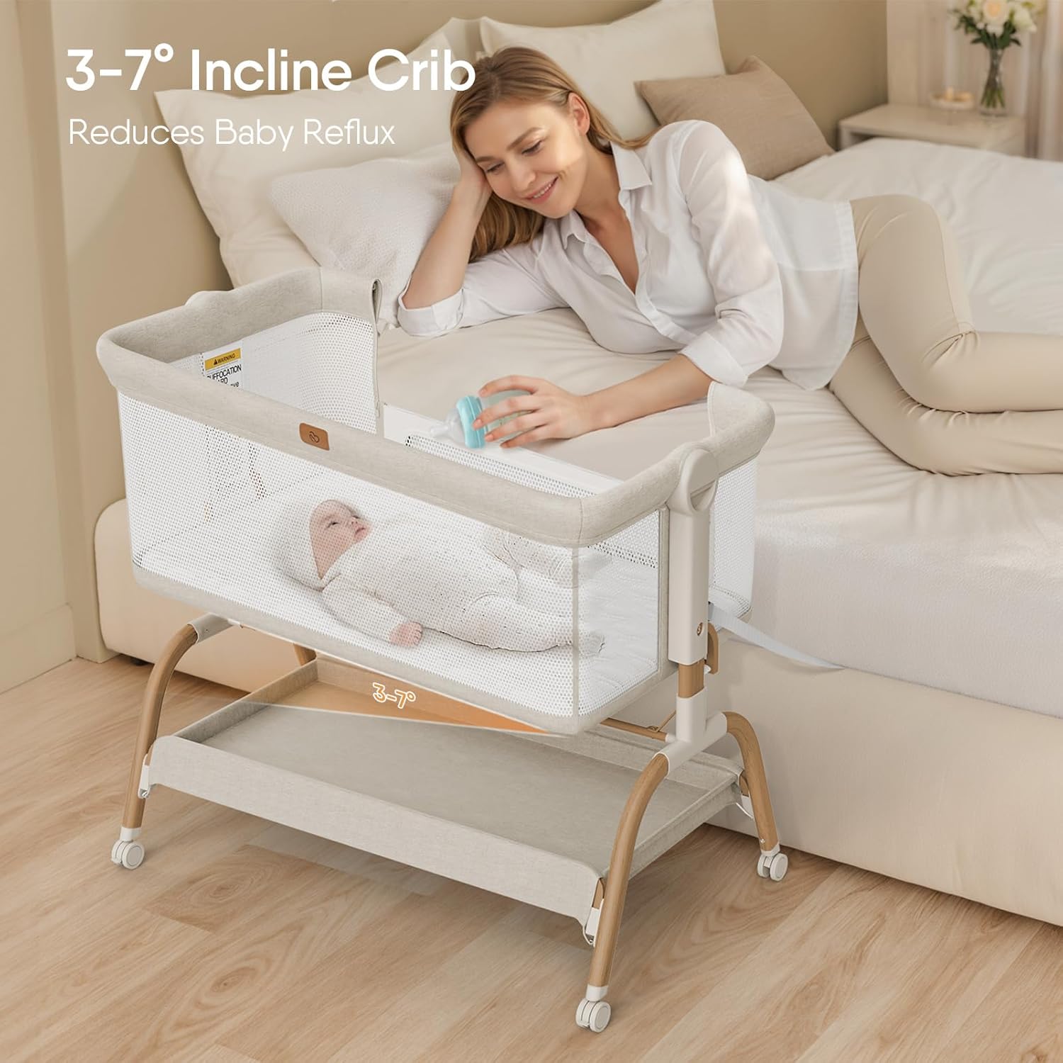Alternative view of Baby Bassinet Bedside Crib, 3-in-1 Baby Bassinet Bedside Sleeper with Mattress and Soft, Breathable Sheet, Full-Mesh Sides, 6-Height Adjustable, Stable and Secure Crib for Newborns