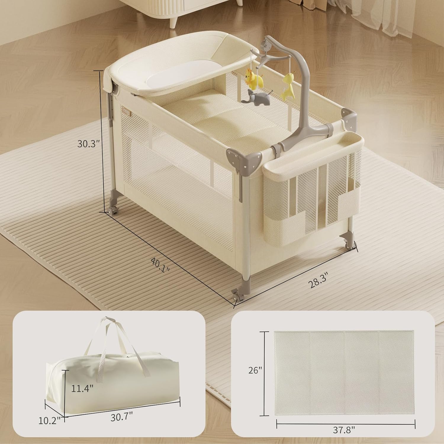 4-in-1 Baby Playard, Pack and Play: 4-Level Height-Adjustable Bedside Bassinet, One-Touch Foldable Travel Crib with Changing Table, Music Mobile & 4 Locking Wheels for Newborn to Toddler