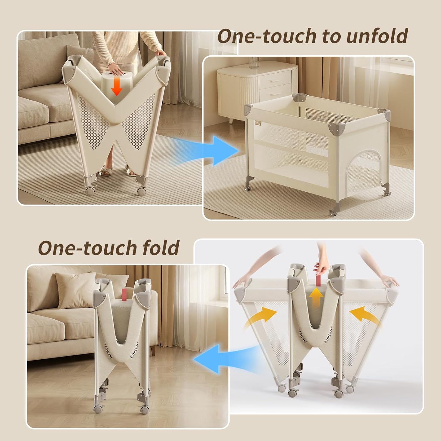 Alternative view of 4-in-1 Baby Playard, Pack and Play: 4-Level Height-Adjustable Bedside Bassinet, One-Touch Foldable Travel Crib with Changing Table, Music Mobile & 4 Locking Wheels for Newborn to Toddler