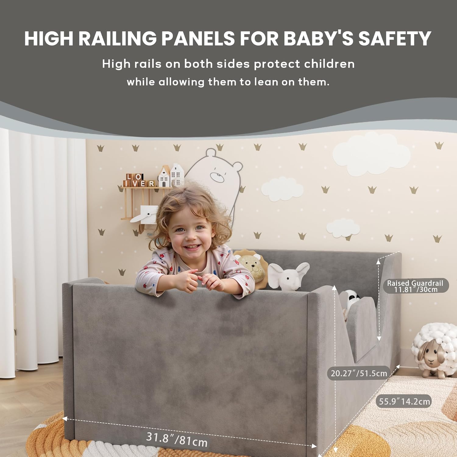 SOFTLYNICE Toddler Bed, Toddler Floor Bed Frame with Guard Rails, Small Bed for Kids Boys and Girls Aged 2-6 Years, Standard Crib Mattress Toddler Beds, Certified Fabric Toddler Beds(Big Gray)