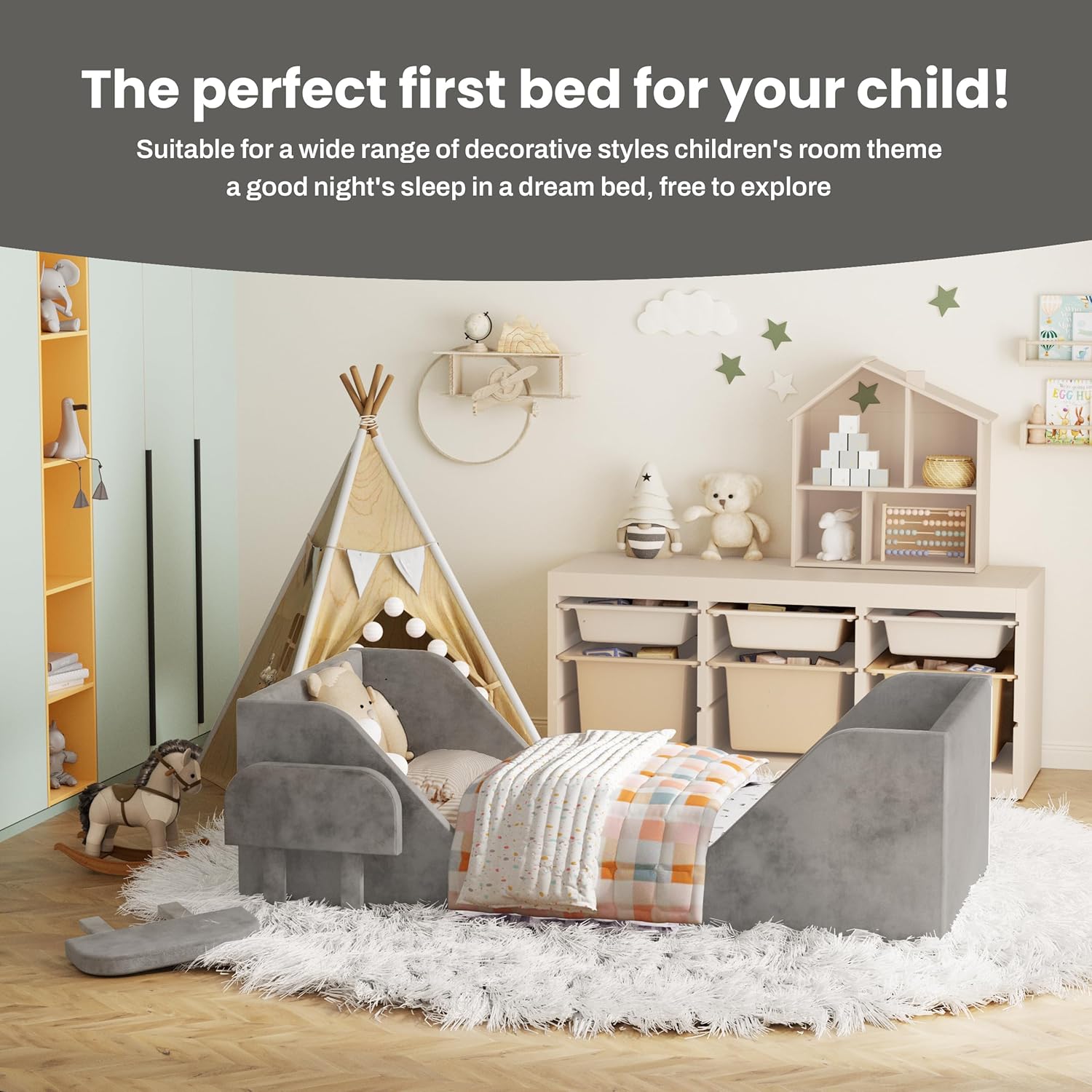 Alternative view of SOFTLYNICE Toddler Bed, Toddler Floor Bed Frame with Guard Rails, Small Bed for Kids Boys and Girls Aged 2-6 Years, Standard Crib Mattress Toddler Beds, Certified Fabric Toddler Beds(Big Gray)