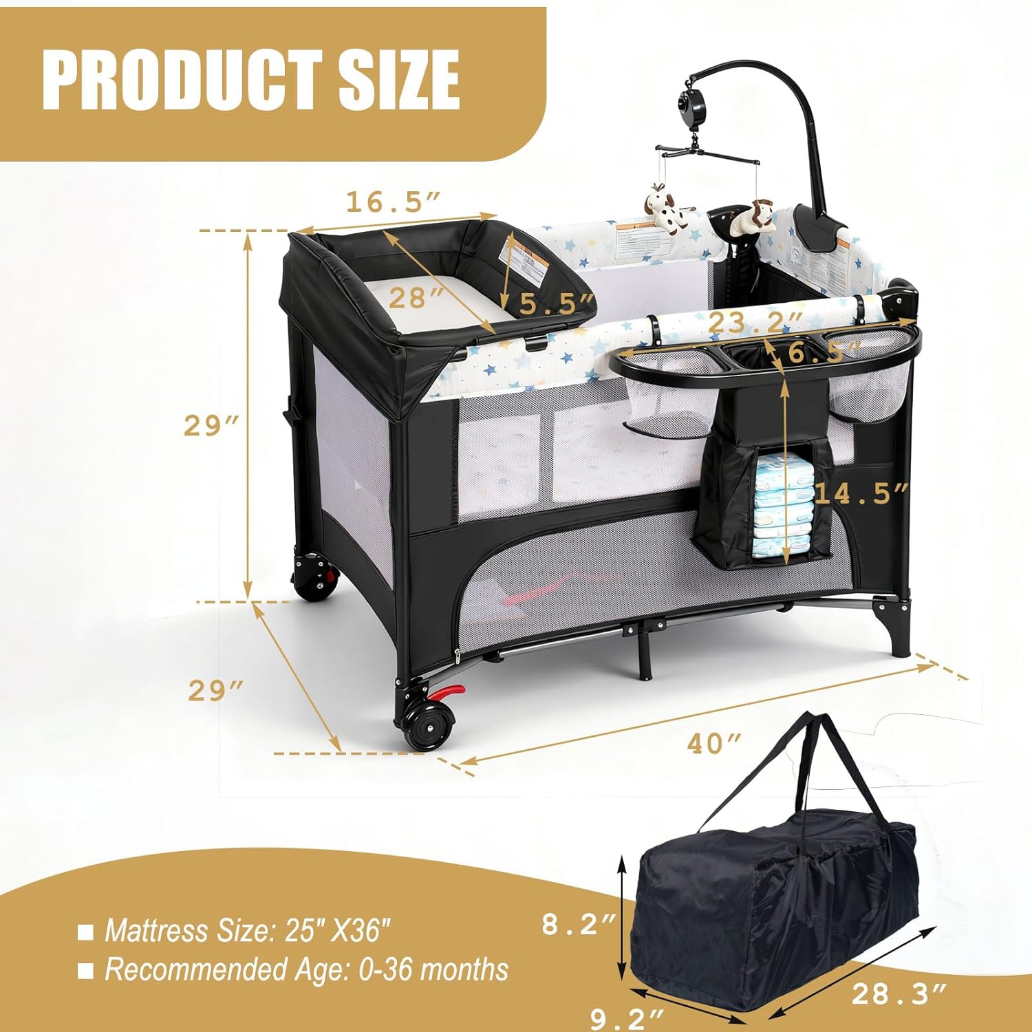 Alternative view of LININYHAO 4 in 1 Height Adjustable Baby Playard, Foldable Nursery Center with Music Box Toy Rack, Side Storage, Changing Table, Large Portable Playpen for Newborns and Toddlers