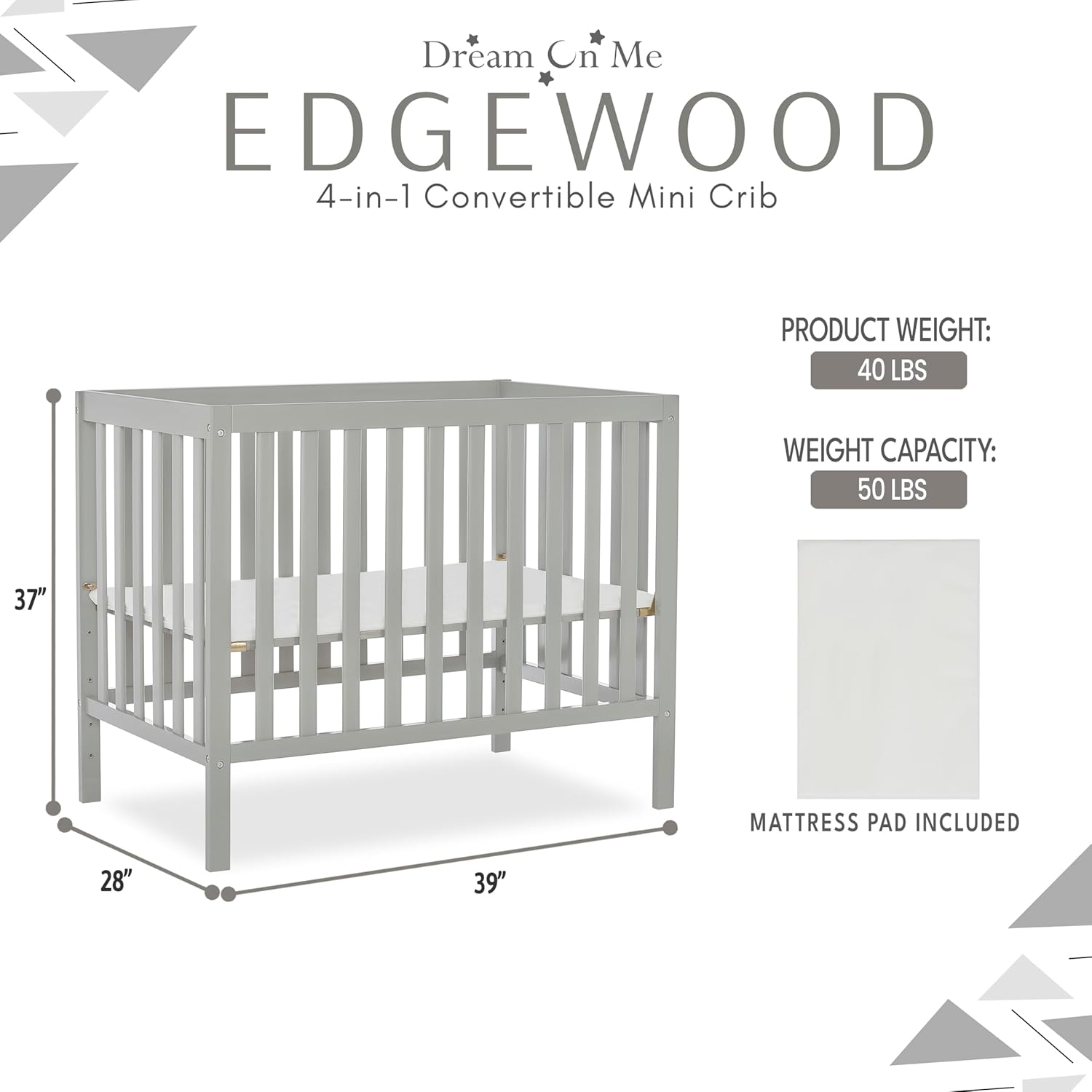 Dream On Me Edgewood 4-in-1 Convertible Mini Baby Crib in Cool Grey GreenGuard Gold & JPMA, Non-Toxic, Compact 40×25×33u2033 Design, Converts to Mini Daybed & Twin Bed (Rails to Buy) 1u2033 Mattress Pad