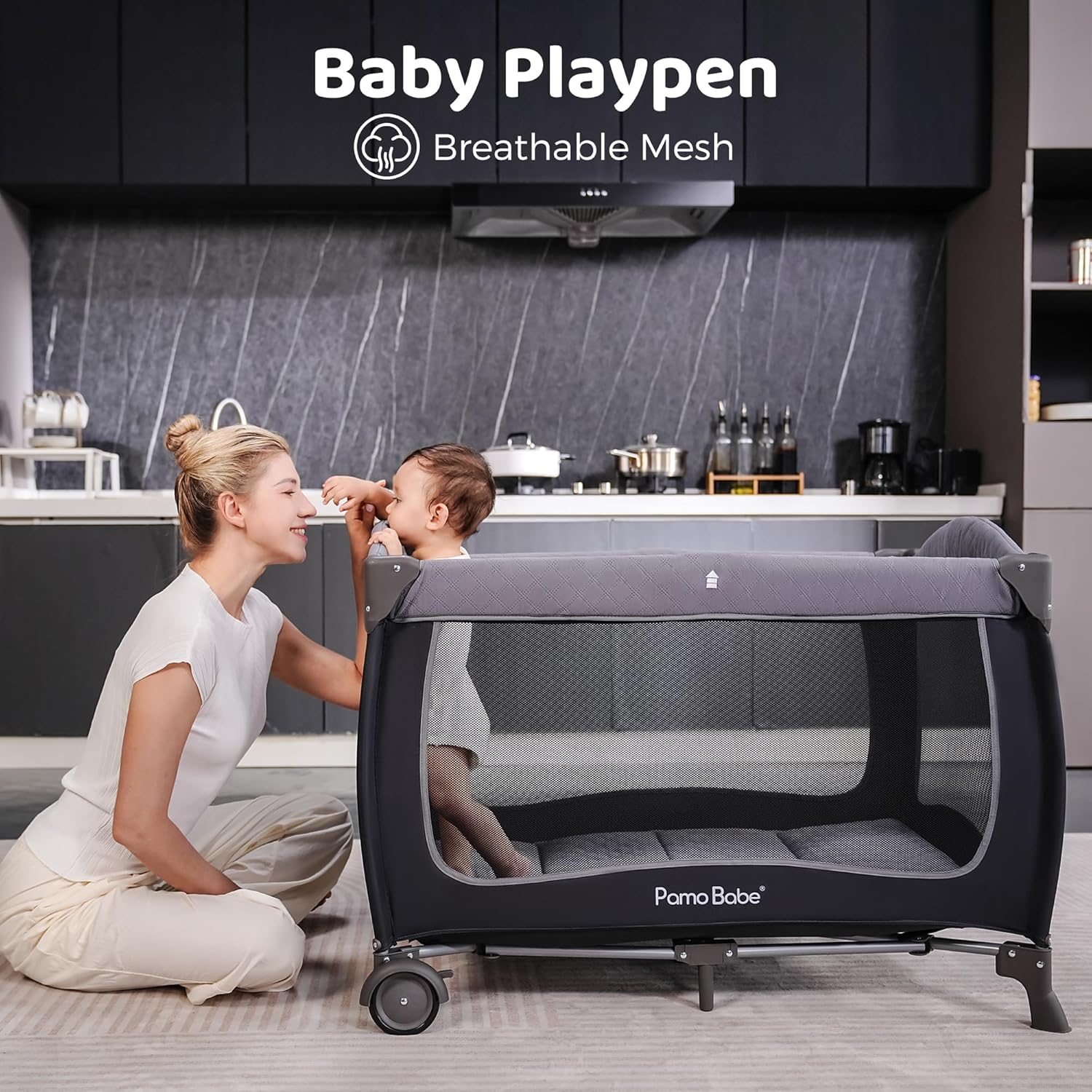 Pamo Babe Baby Playard with Canopy, Portable Crib with Changing Table