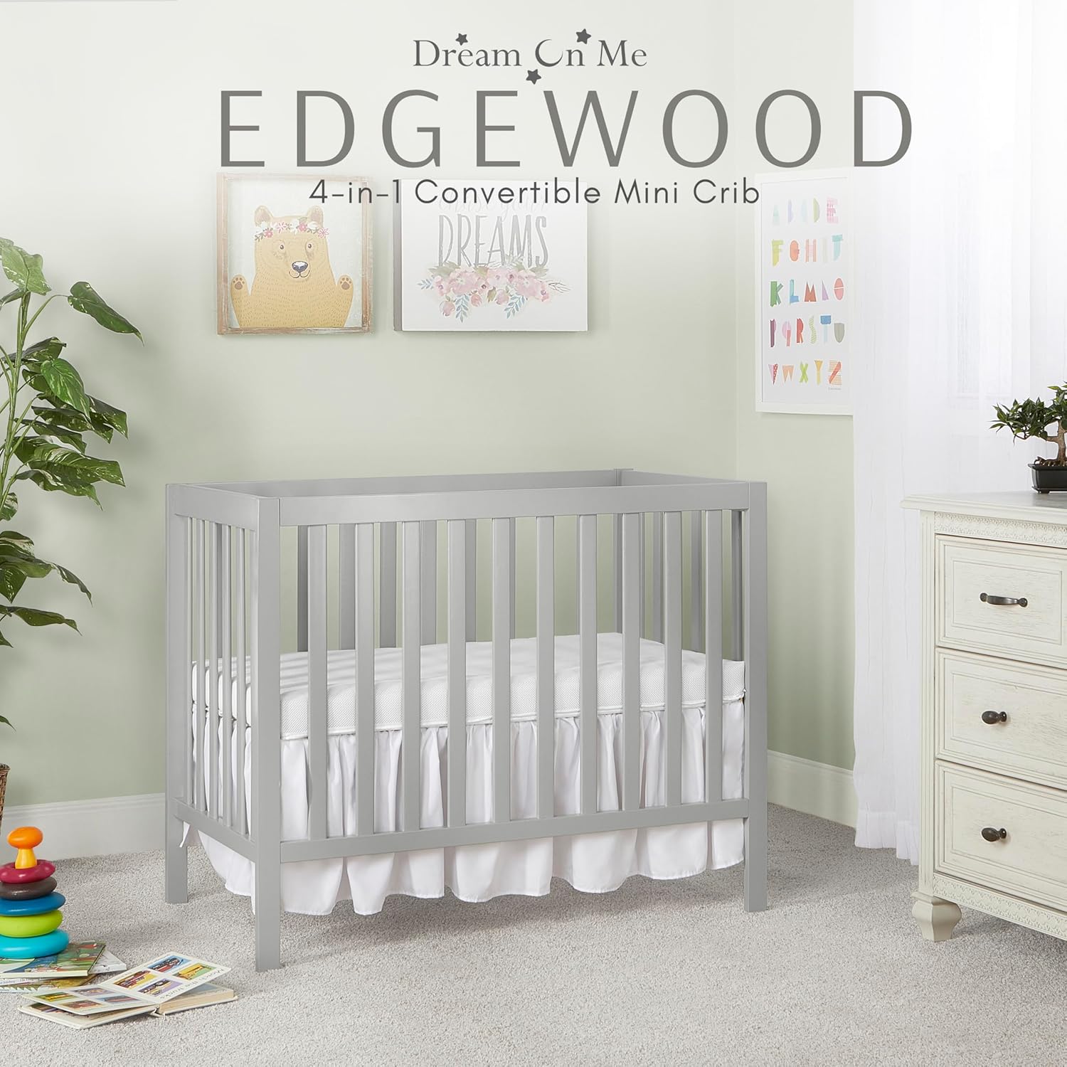 Alternative view of Dream On Me Edgewood 4-in-1 Convertible Mini Baby Crib in Cool Grey GreenGuard Gold & JPMA, Non-Toxic, Compact 40×25×33u2033 Design, Converts to Mini Daybed & Twin Bed (Rails to Buy) 1u2033 Mattress Pad