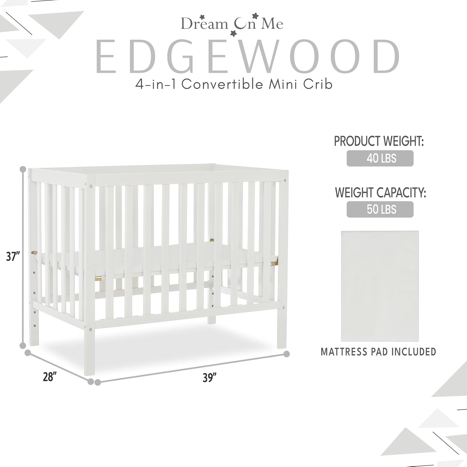 Dream On Me Edgewood 4-in-1 Convertible Mini Baby Crib in White GreenGuard Gold & JPMA, Non-Toxic, Compact 40×25×33u2033 Design, Converts to Mini Daybed & Twin Bed (Rails to Buy) 1u2033 Mattress Pad