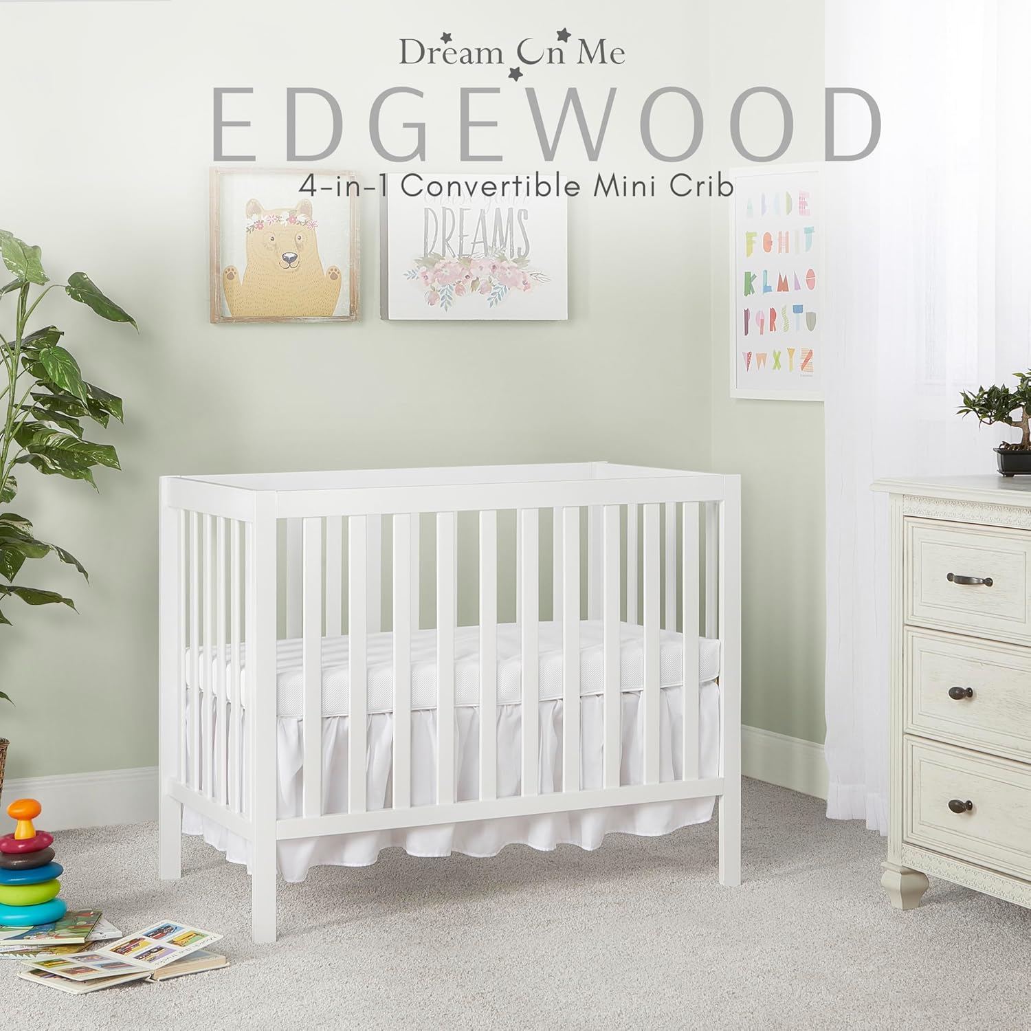 Alternative view of Dream On Me Edgewood 4-in-1 Convertible Mini Baby Crib in White GreenGuard Gold & JPMA, Non-Toxic, Compact 40×25×33u2033 Design, Converts to Mini Daybed & Twin Bed (Rails to Buy) 1u2033 Mattress Pad