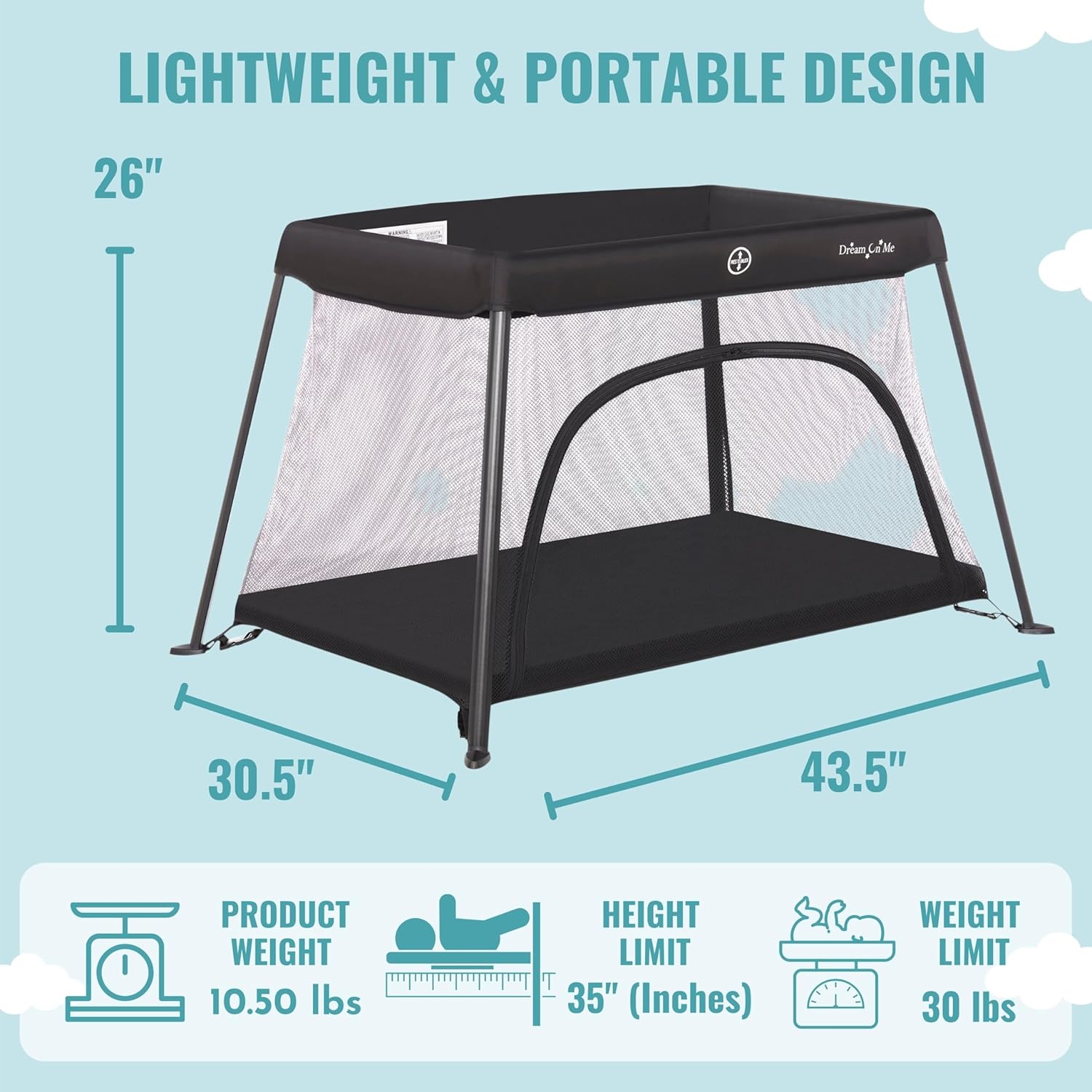 Dream On Me Travel Light Baby Playard with Zipper Access Door, Breathable Mesh Sides with Soft Comfortable Mattress, Easy Fold Design with Travel Carry Bag, Compact Space Saving Design - Black