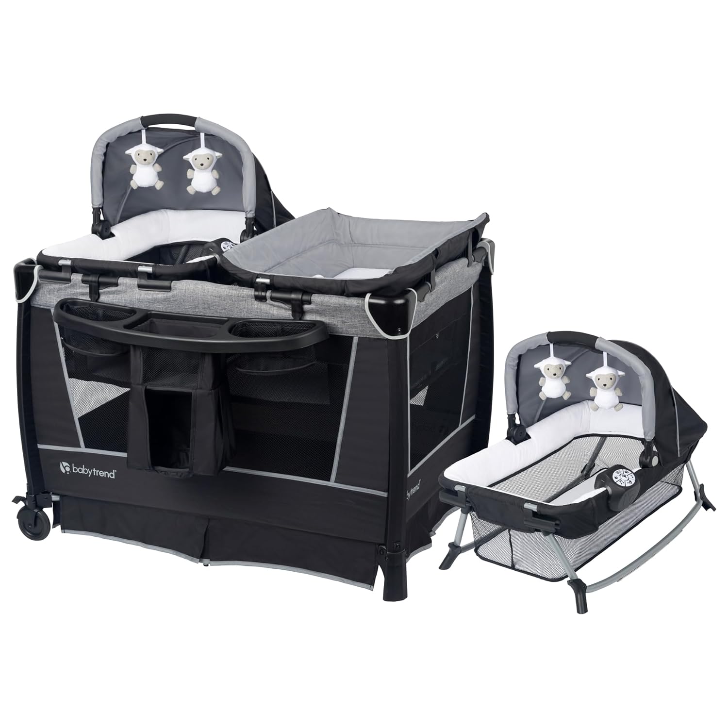 Baby Trend Retreat Nursery Center with Two Removable Rock A Bye Bassinets, Changing Table, Organizer, and Music Center with Nightlight, Quarry