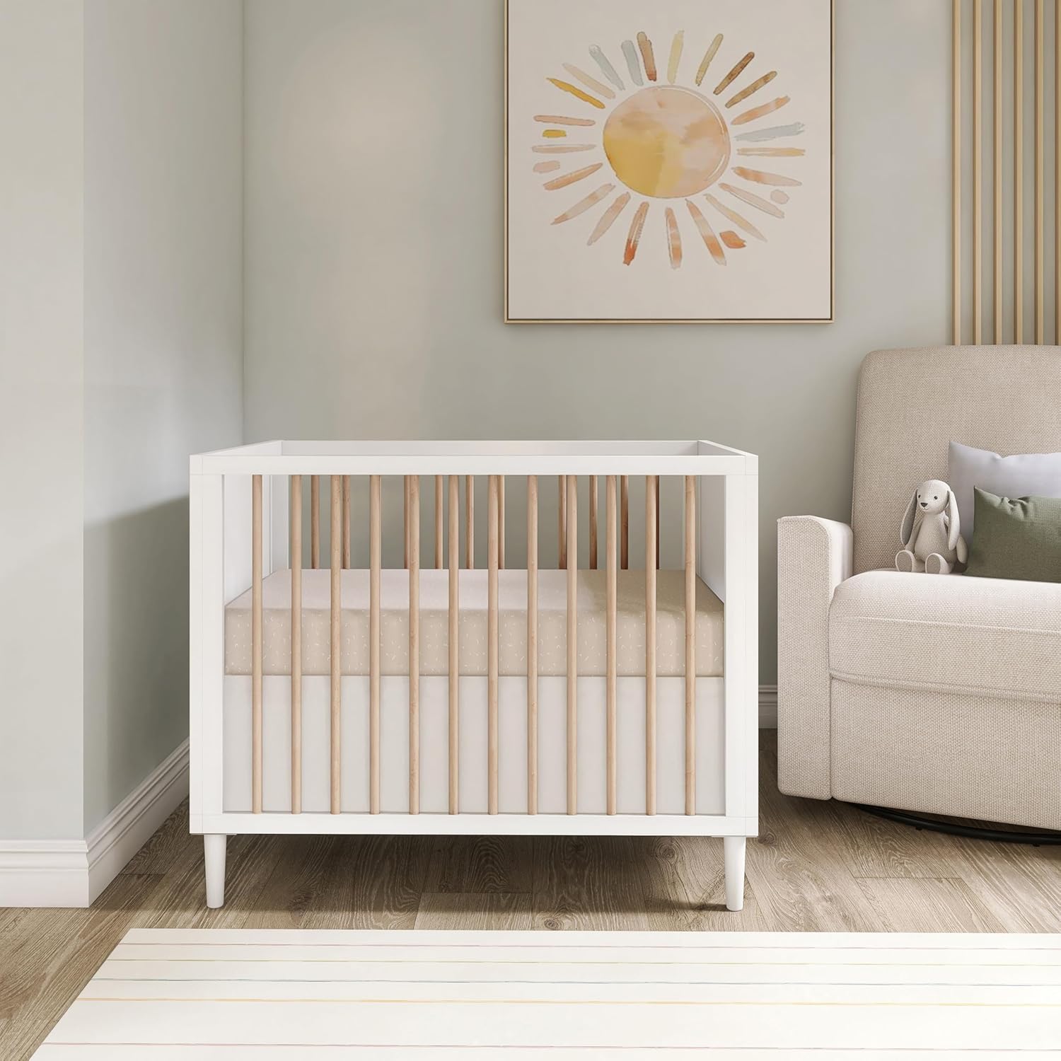 Dream On Me Lucas Mini Convertible Crib in White Oak, Rounded Spindles, Converts from a Baby Crib to Day Bed and Kids Sofa, Perfect for Small Spaces, Three Adjustable Mattress Height Positions
