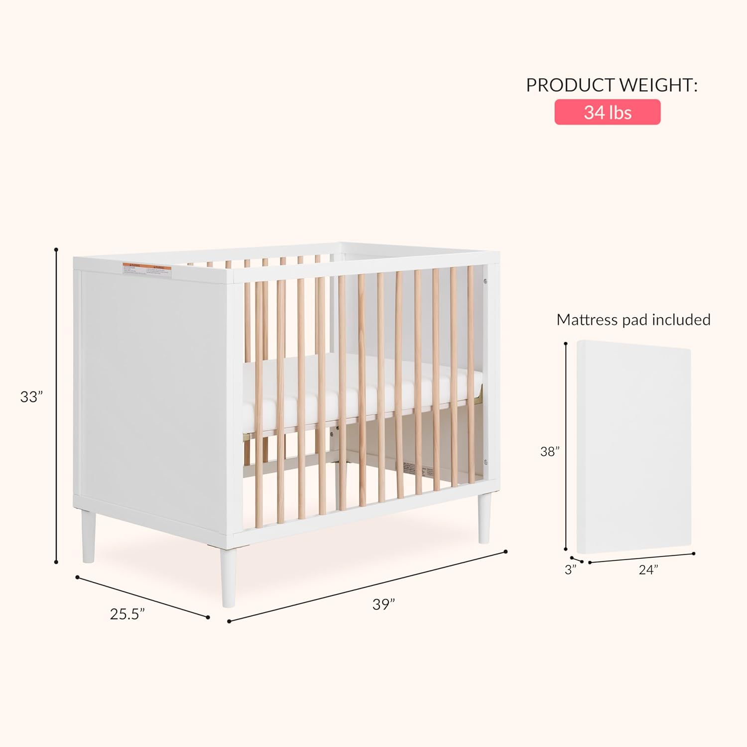 Alternative view of Dream On Me Lucas Mini Convertible Crib in White Oak, Rounded Spindles, Converts from a Baby Crib to Day Bed and Kids Sofa, Perfect for Small Spaces, Three Adjustable Mattress Height Positions