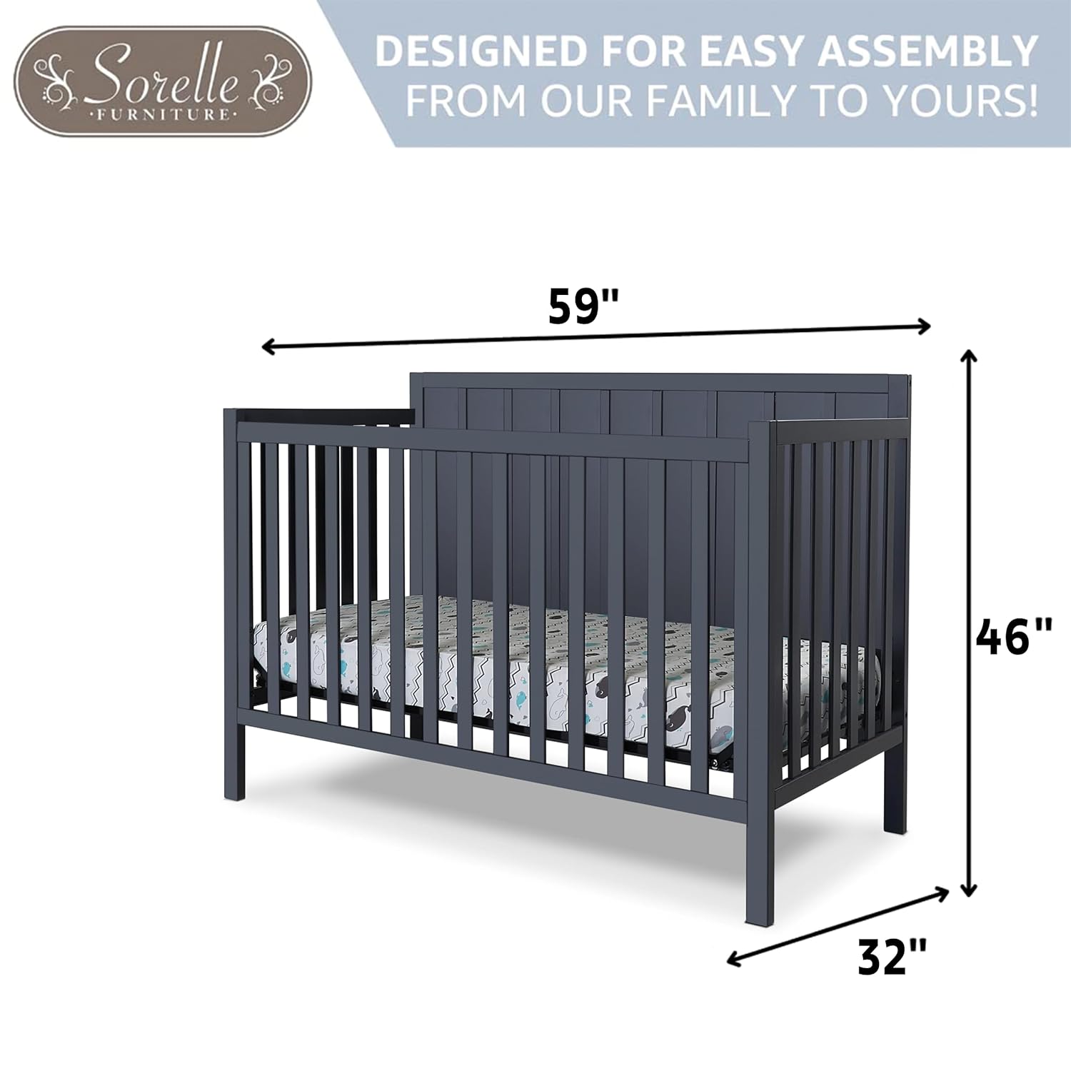 Alternative view of Sorelle Furniture Essex Crib Classic 4-in-1 Convertible Crib, Made of Wood, Non-Toxic Finish, Wooden Baby Bed, Toddler Bed, Child’s Daybed and Full-Size Bed, Nursery Furniture-Midnight