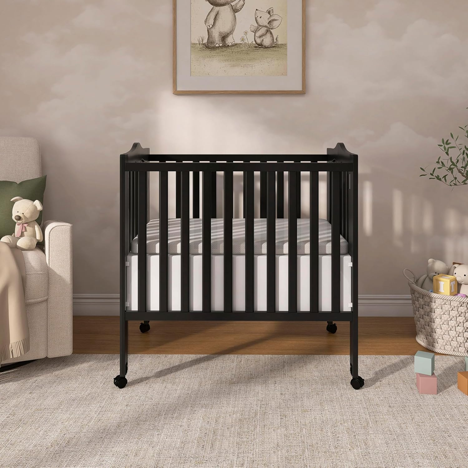 Dream On Me 2-In-1 Lightweight Folding Portable Stationary Side Crib In Black, Greenguard Gold Certified, Baby Crib To Playpen, Folds Flat For Storage, Locking Wheels
