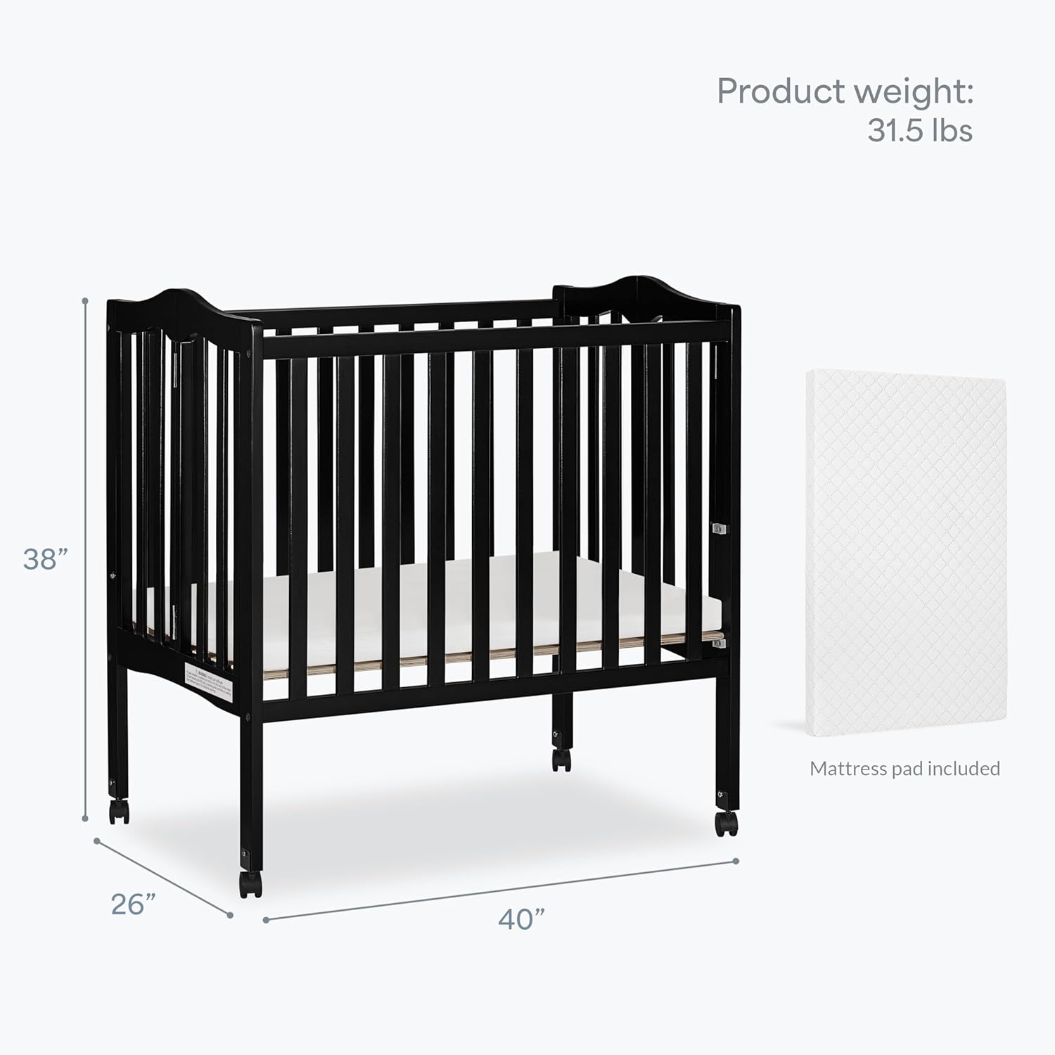 Alternative view of Dream On Me 2-In-1 Lightweight Folding Portable Stationary Side Crib In Black, Greenguard Gold Certified, Baby Crib To Playpen, Folds Flat For Storage, Locking Wheels