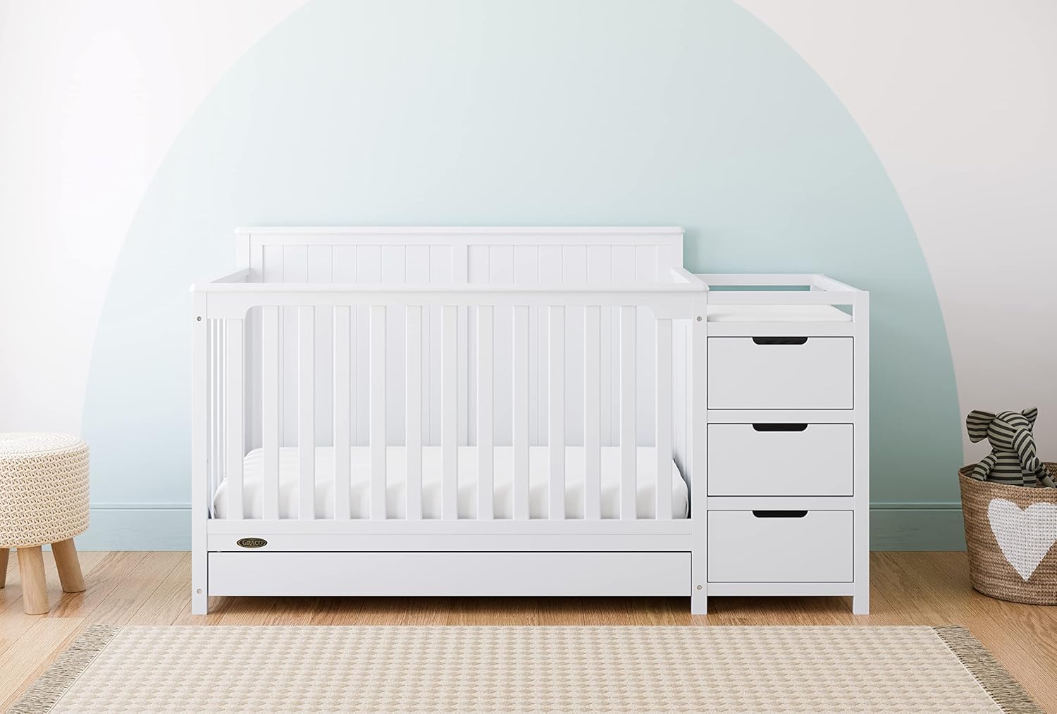 Graco Hadley 5-in-1 Convertible Crib & Changer (White) u2013 GREENGUARD Gold Certified, Fits Standard Crib Mattress, Converts to Toddler Bed and Full Bed, 4 Adjustable Mattress Heights