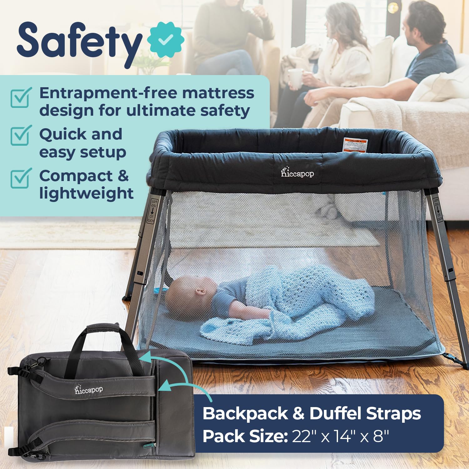 Hiccapop TravelPod Portable Crib for Baby, Lightweight, Foldable Travel Crib for Baby and Toddlers with Zippered Door, Waterproof Base & Carry Bag