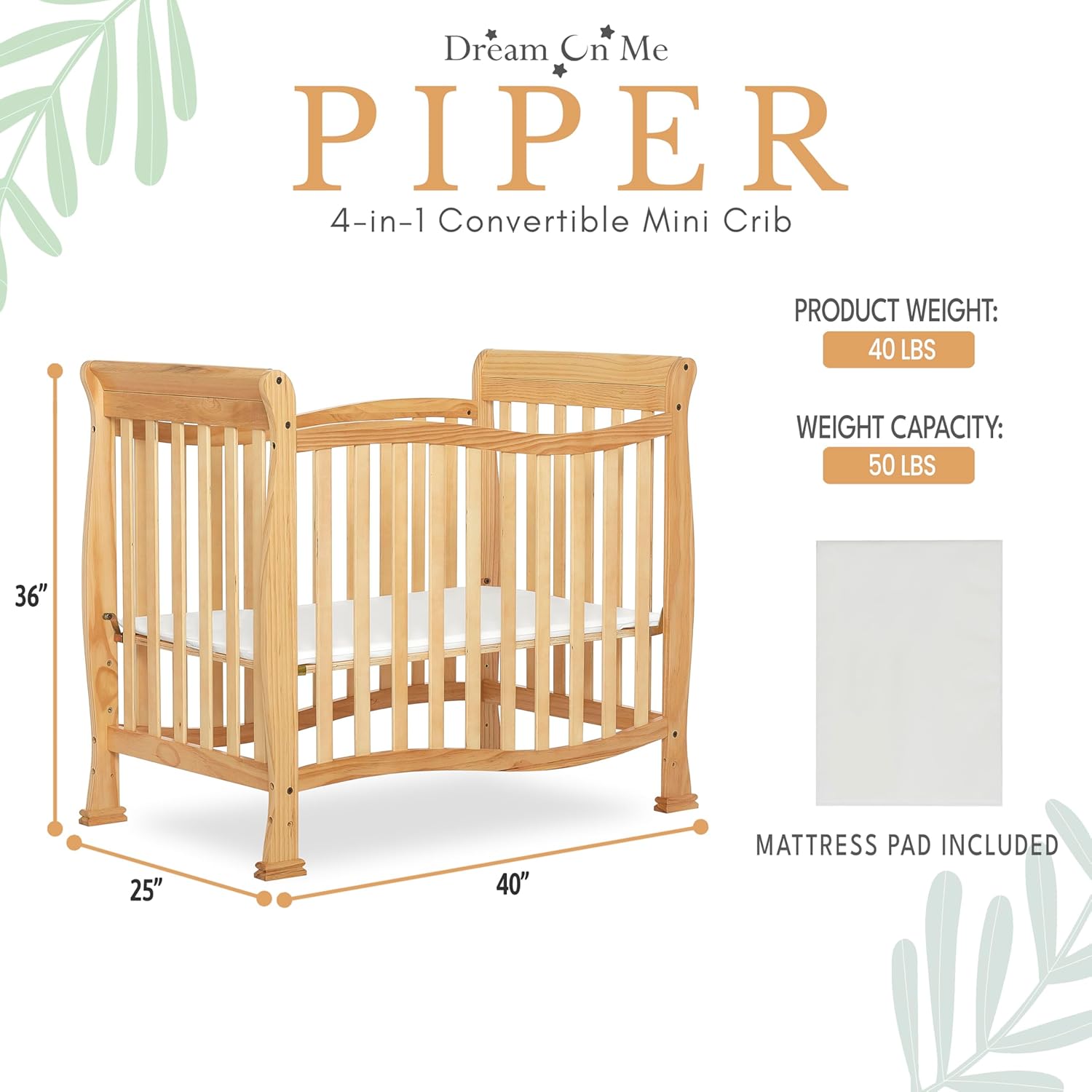 Dream On Me Violet 4-In-1 Convertible Mini Crib In Natural, Greenguard Gold Certified, JPMA Certified, 3 Position Mattress Height Settings, Non-Toxic Finish